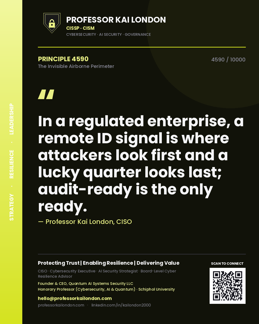 Quote card by Professor Kai London reading 'In a regulated enterprise, a remote ID signal is where attackers look first and a lucky quarter looks last; audit-ready is the only ready.'. From the book The Invisible Airborne Perimeter.