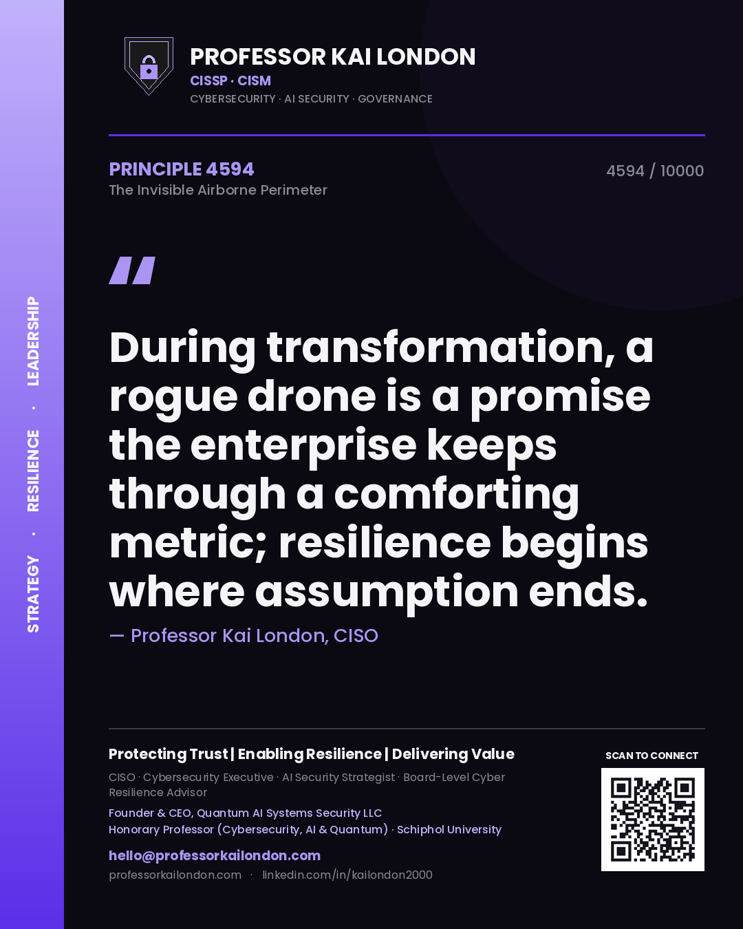 Quote card by Professor Kai London reading 'During transformation, a rogue drone is a promise the enterprise keeps through a comforting metric; resilience begins where assumption ends.'. From the book The Invisible Airborne Perimeter.