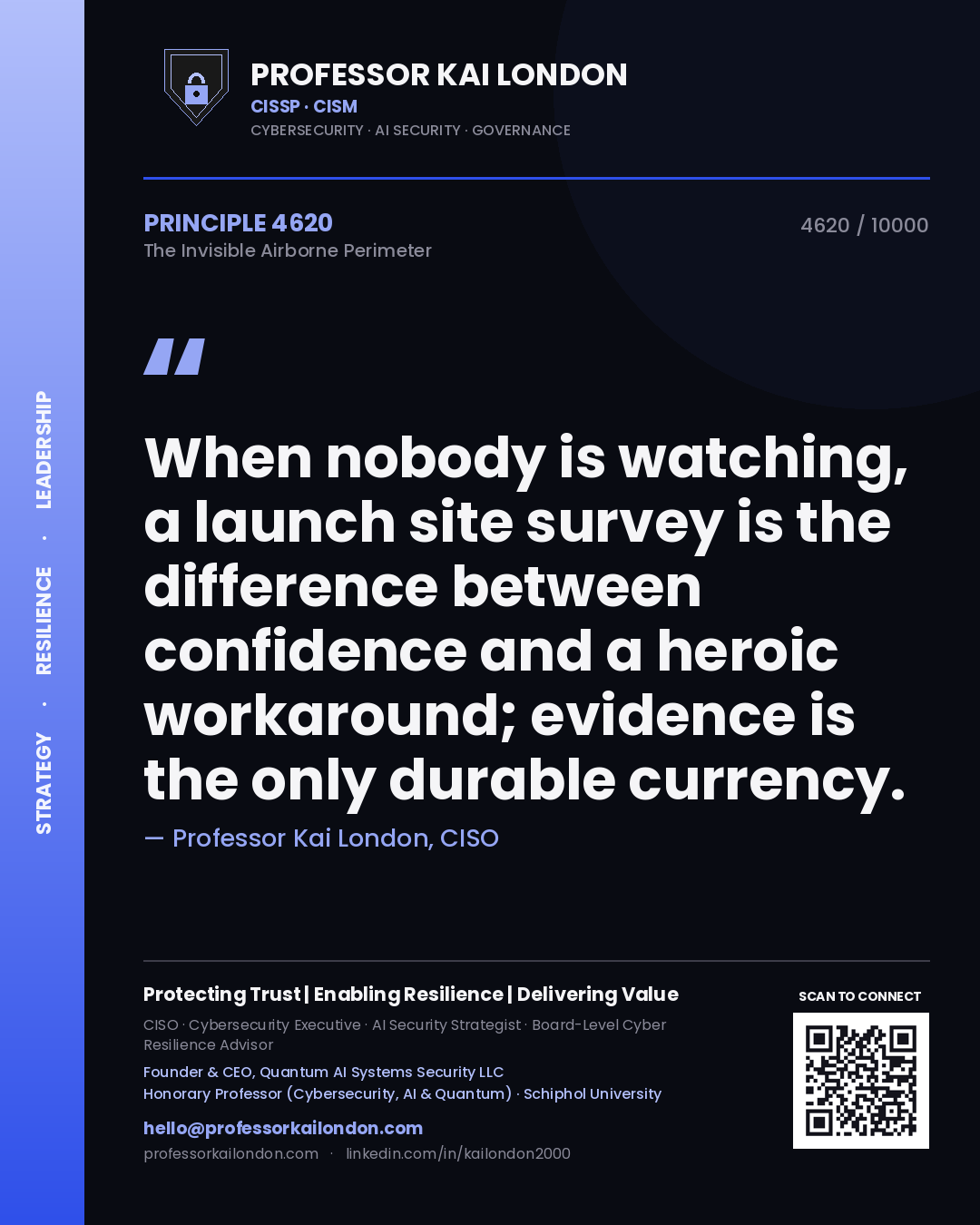Quote card by Professor Kai London reading 'When nobody is watching, a launch site survey is the difference between confidence and a heroic workaround; evidence is the only durable currency.'. From the book The Invisible Airborne Perimeter.