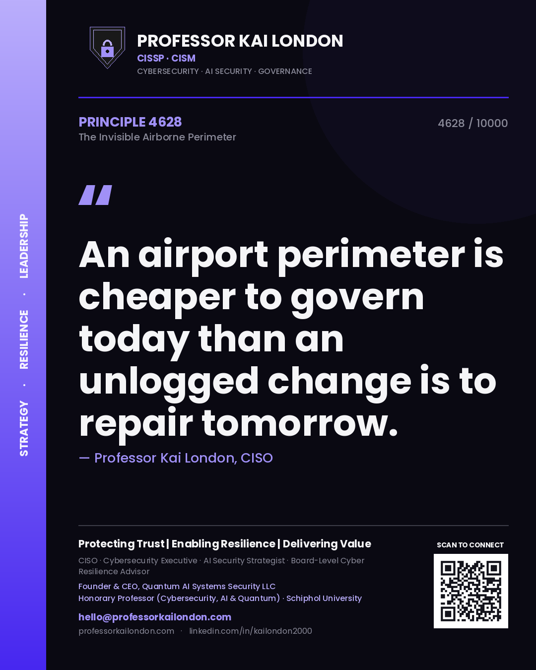 Quote card by Professor Kai London reading 'An airport perimeter is cheaper to govern today than an unlogged change is to repair tomorrow.'. From the book The Invisible Airborne Perimeter.