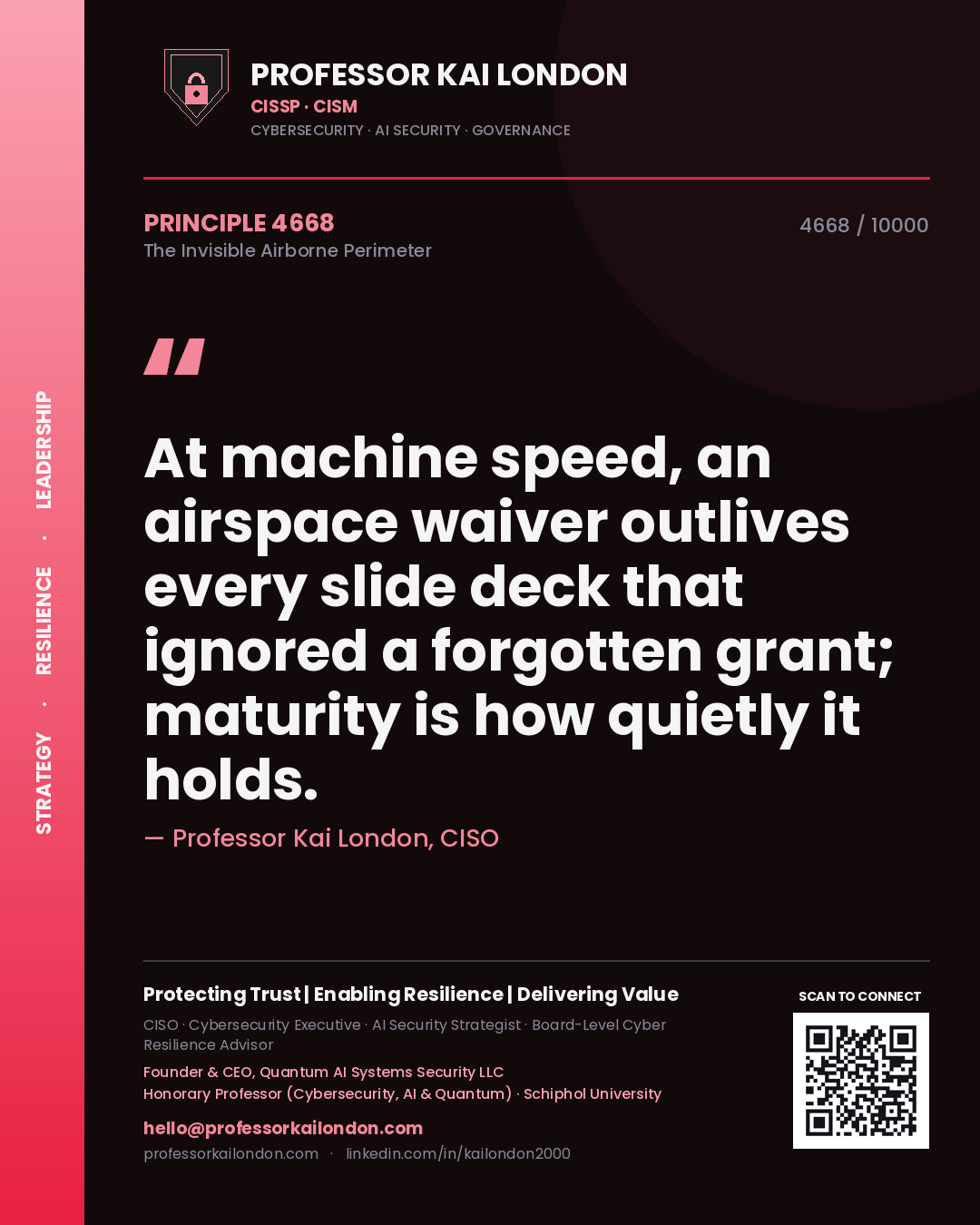 Quote card by Professor Kai London reading 'At machine speed, an airspace waiver outlives every slide deck that ignored a forgotten grant; maturity is how quietly it holds.'. From the book The Invisible Airborne Perimeter.