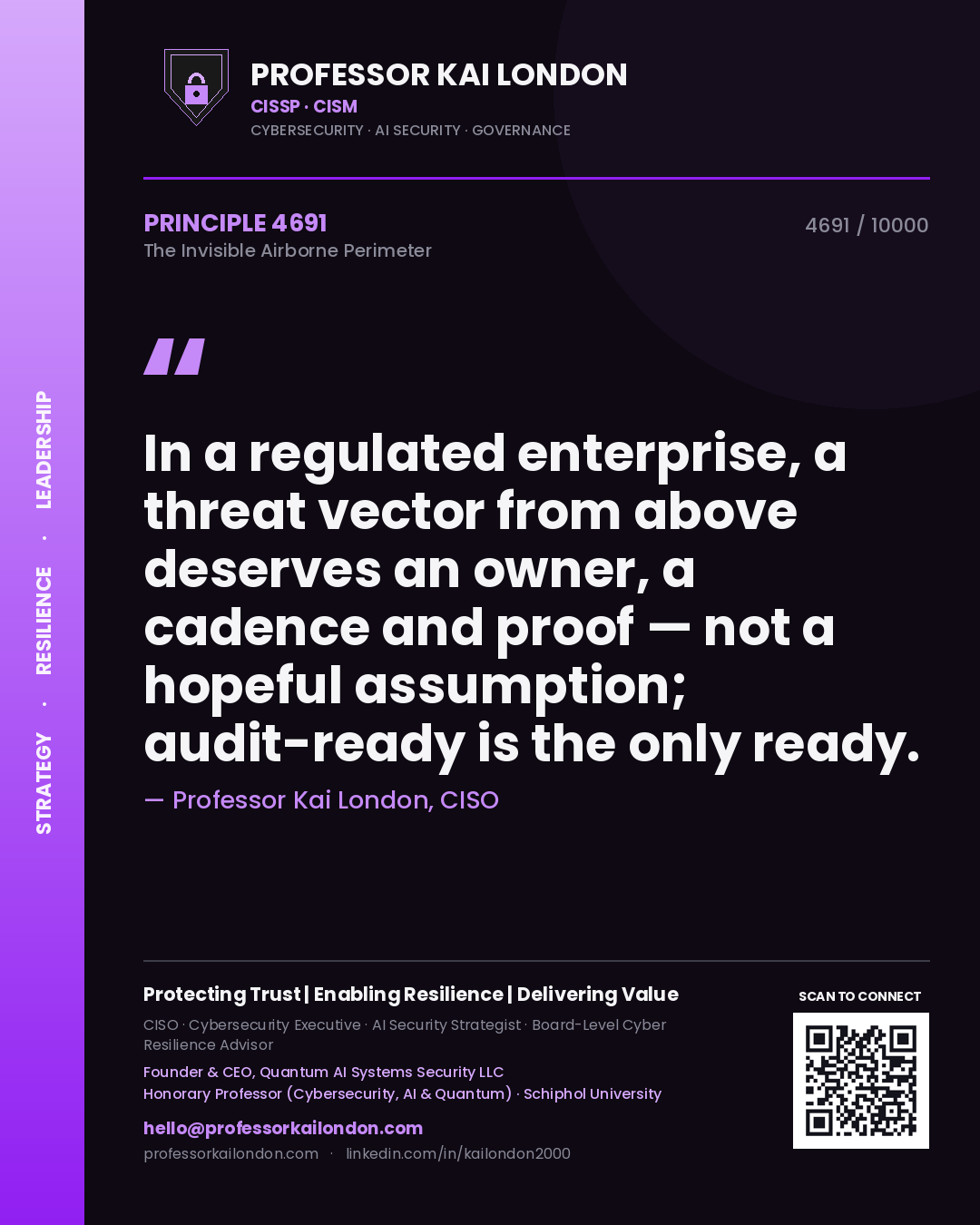 Professor Kai London principle 4691: In a regulated enterprise, a threat vector from above deserves an owner, a cadence and proof — not a hopeful assumption; audit-ready is the only ready.