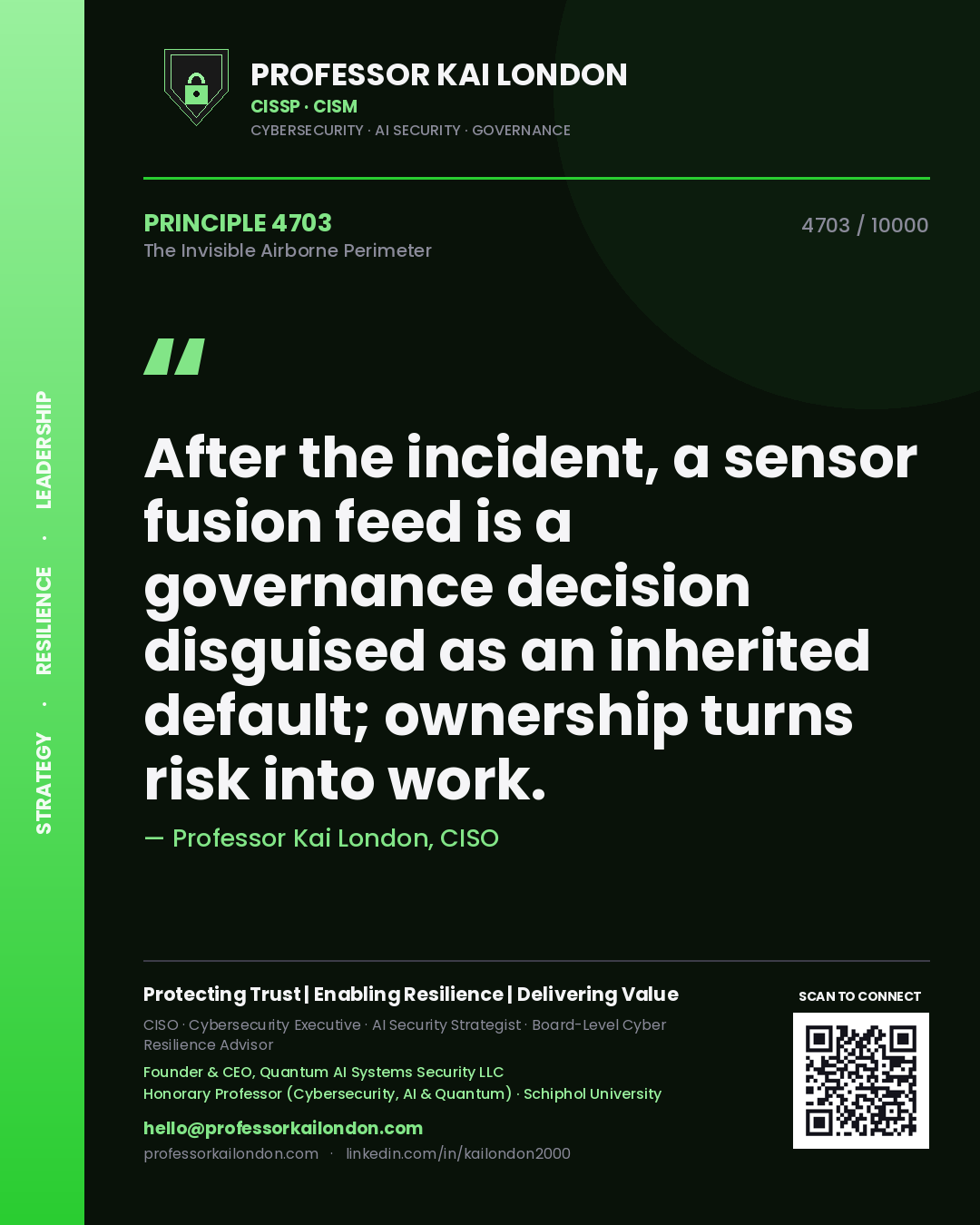 Quote card by Professor Kai London reading 'After the incident, a sensor fusion feed is a governance decision disguised as an inherited default; ownership turns risk into work.'. From the book The Invisible Airborne Perimeter.