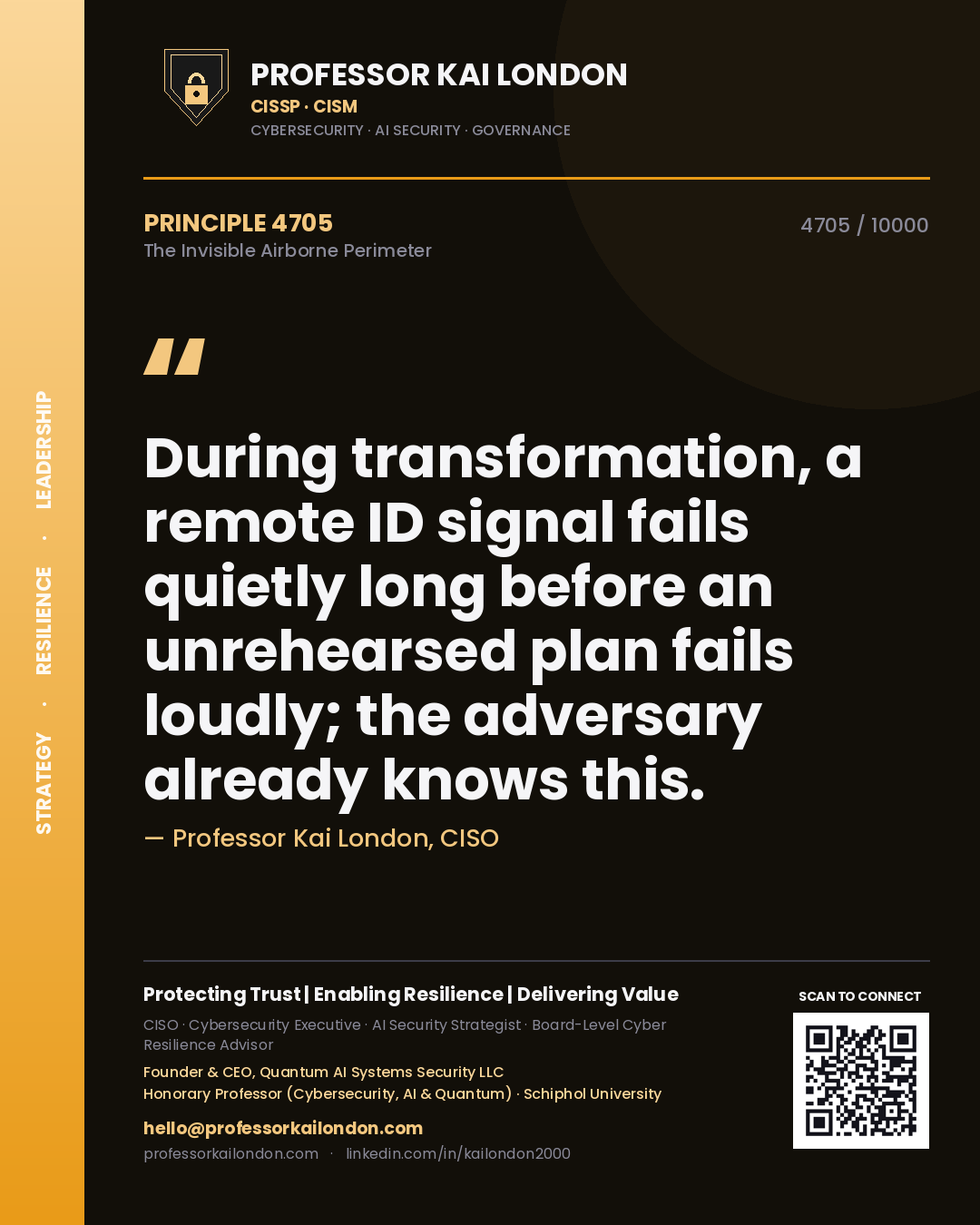 Quote card by Professor Kai London reading 'During transformation, a remote ID signal fails quietly long before an unrehearsed plan fails loudly; the adversary already knows this.'. From the book The Invisible Airborne Perimeter.