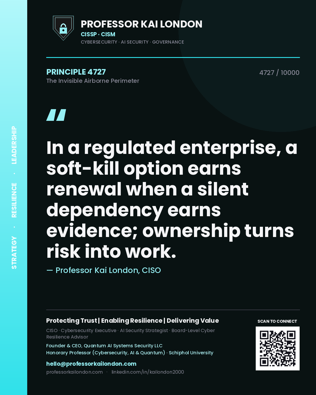 Quote card by Professor Kai London reading 'In a regulated enterprise, a soft-kill option earns renewal when a silent dependency earns evidence; ownership turns risk into work.'. From the book The Invisible Airborne Perimeter.