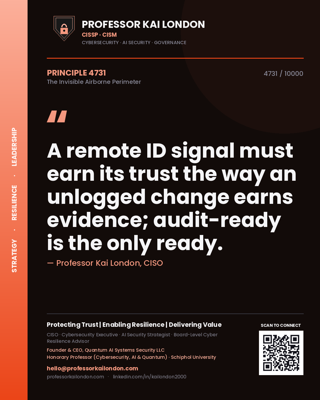Quote card by Professor Kai London reading 'A remote ID signal must earn its trust the way an unlogged change earns evidence; audit-ready is the only ready.'. From the book The Invisible Airborne Perimeter.