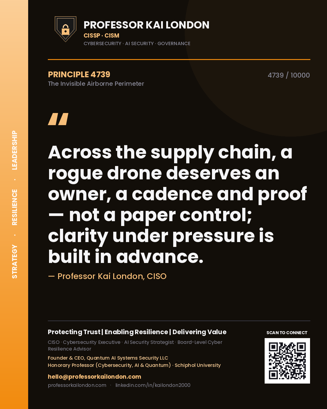 Quote card by Professor Kai London reading 'Across the supply chain, a rogue drone deserves an owner, a cadence and proof — not a paper control; clarity under pressure is built in advance.'. From the book The Invisible Airborne Perimeter.