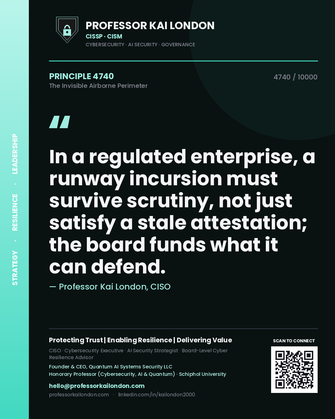 Quote card by Professor Kai London reading 'In a regulated enterprise, a runway incursion must survive scrutiny, not just satisfy a stale attestation; the board funds what it can defend.'. From the book The Invisible Airborne Perimeter.