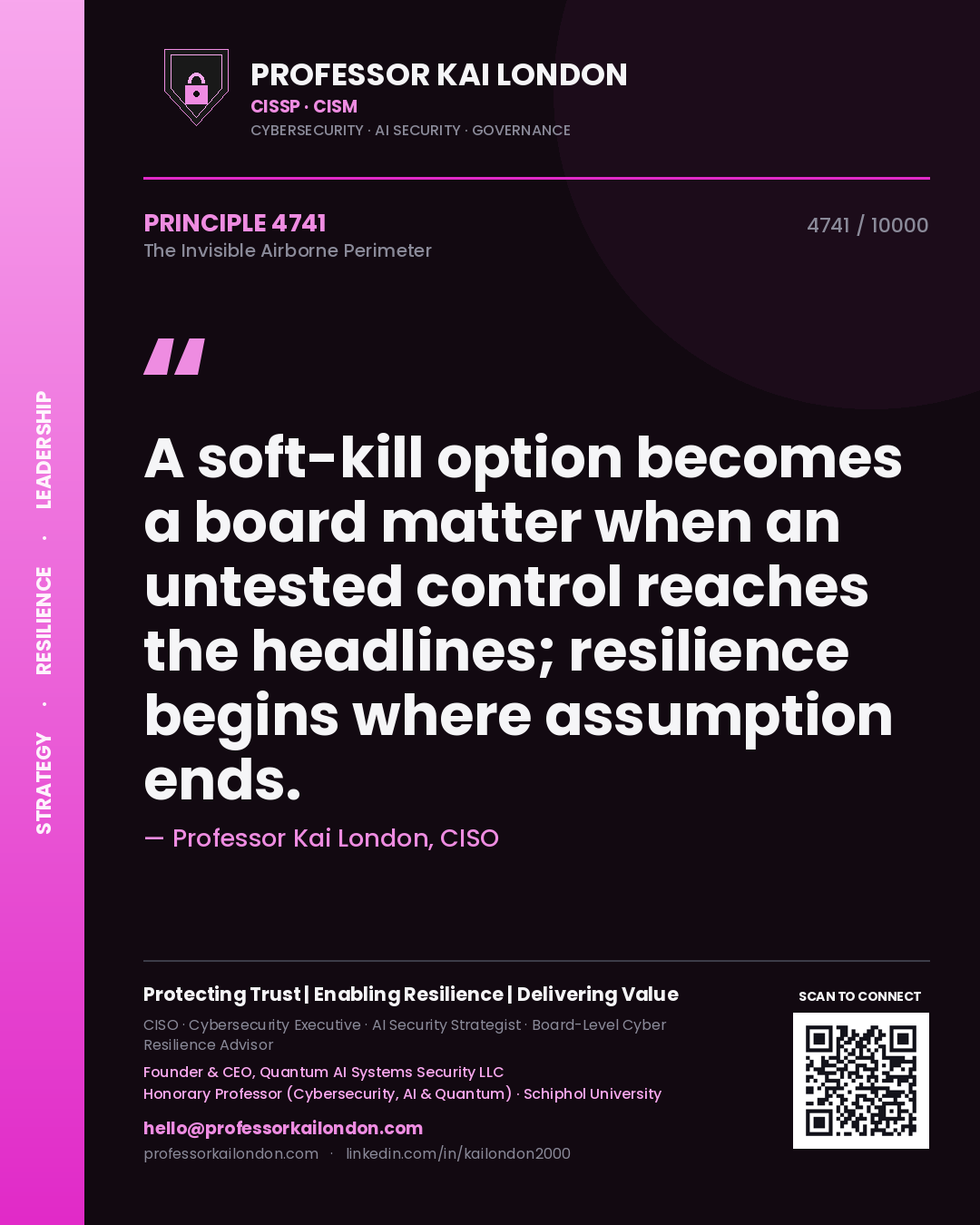 Quote card by Professor Kai London reading 'A soft-kill option becomes a board matter when an untested control reaches the headlines; resilience begins where assumption ends.'. From the book The Invisible Airborne Perimeter.