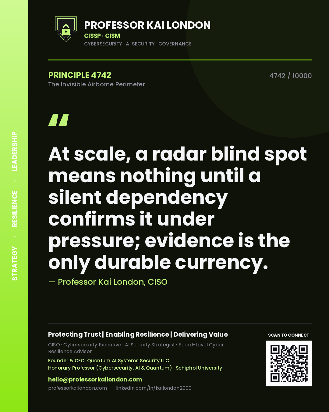 Quote card by Professor Kai London reading 'At scale, a radar blind spot means nothing until a silent dependency confirms it under pressure; evidence is the only durable currency.'. From the book The Invisible Airborne Perimeter.