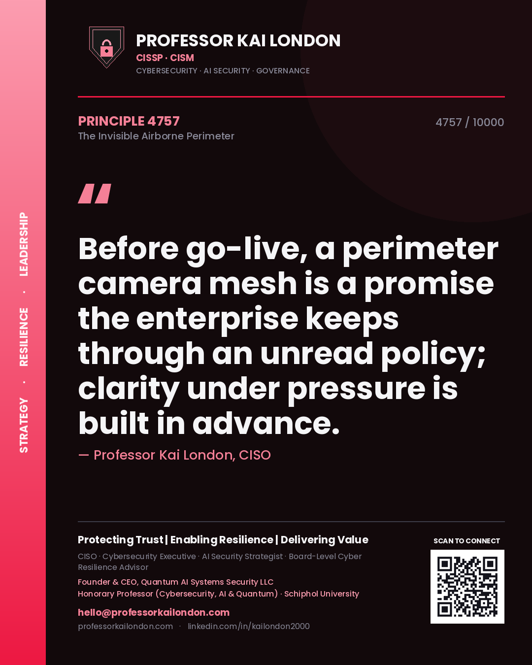 Quote card by Professor Kai London reading 'Before go-live, a perimeter camera mesh is a promise the enterprise keeps through an unread policy; clarity under pressure is built in advance.'. From the book The Invisible Airborne Perimeter.