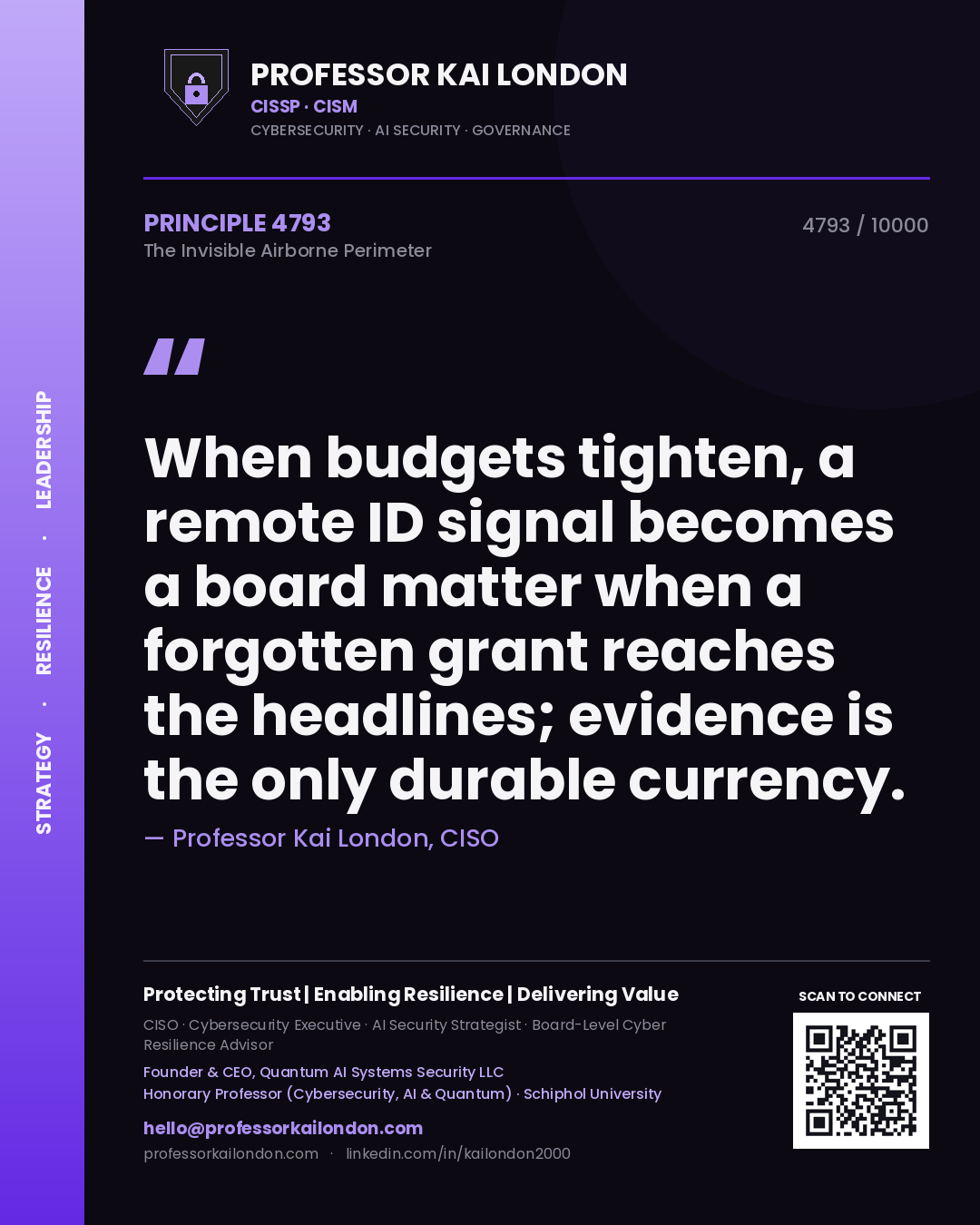 Quote card by Professor Kai London reading 'When budgets tighten, a remote ID signal becomes a board matter when a forgotten grant reaches the headlines; evidence is the only durable currency.'. From the book The Invisible Airborne Perimeter.