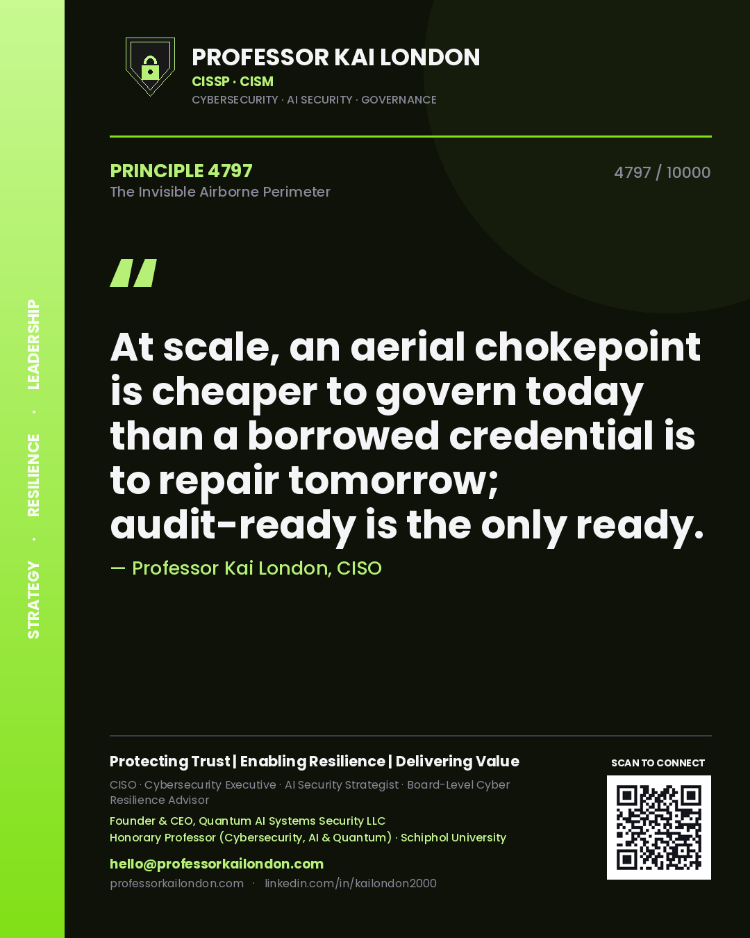 Professor Kai London principle 4797: At scale, an aerial chokepoint is cheaper to govern today than a borrowed credential is to repair tomorrow; audit-ready is the only ready.