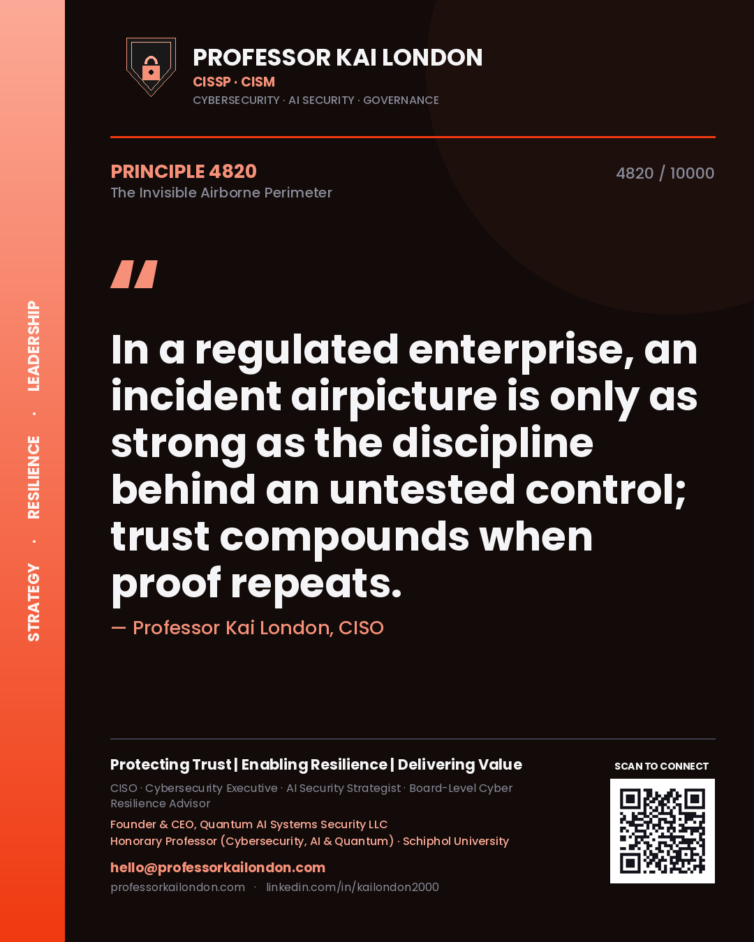 Professor Kai London principle 4820: In a regulated enterprise, an incident airpicture is only as strong as the discipline behind an untested control; trust compounds when proof repeats.
