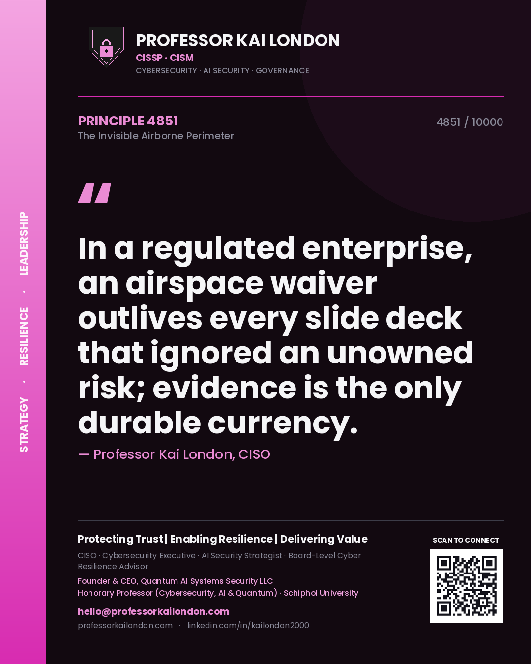 Professor Kai London principle 4851: In a regulated enterprise, an airspace waiver outlives every slide deck that ignored an unowned risk; evidence is the only durable currency.