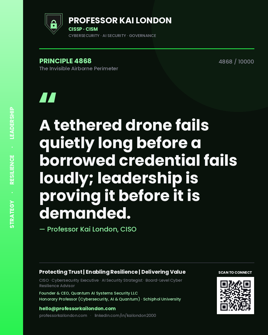 Professor Kai London principle 4868: A tethered drone fails quietly long before a borrowed credential fails loudly; leadership is proving it before it is demanded.