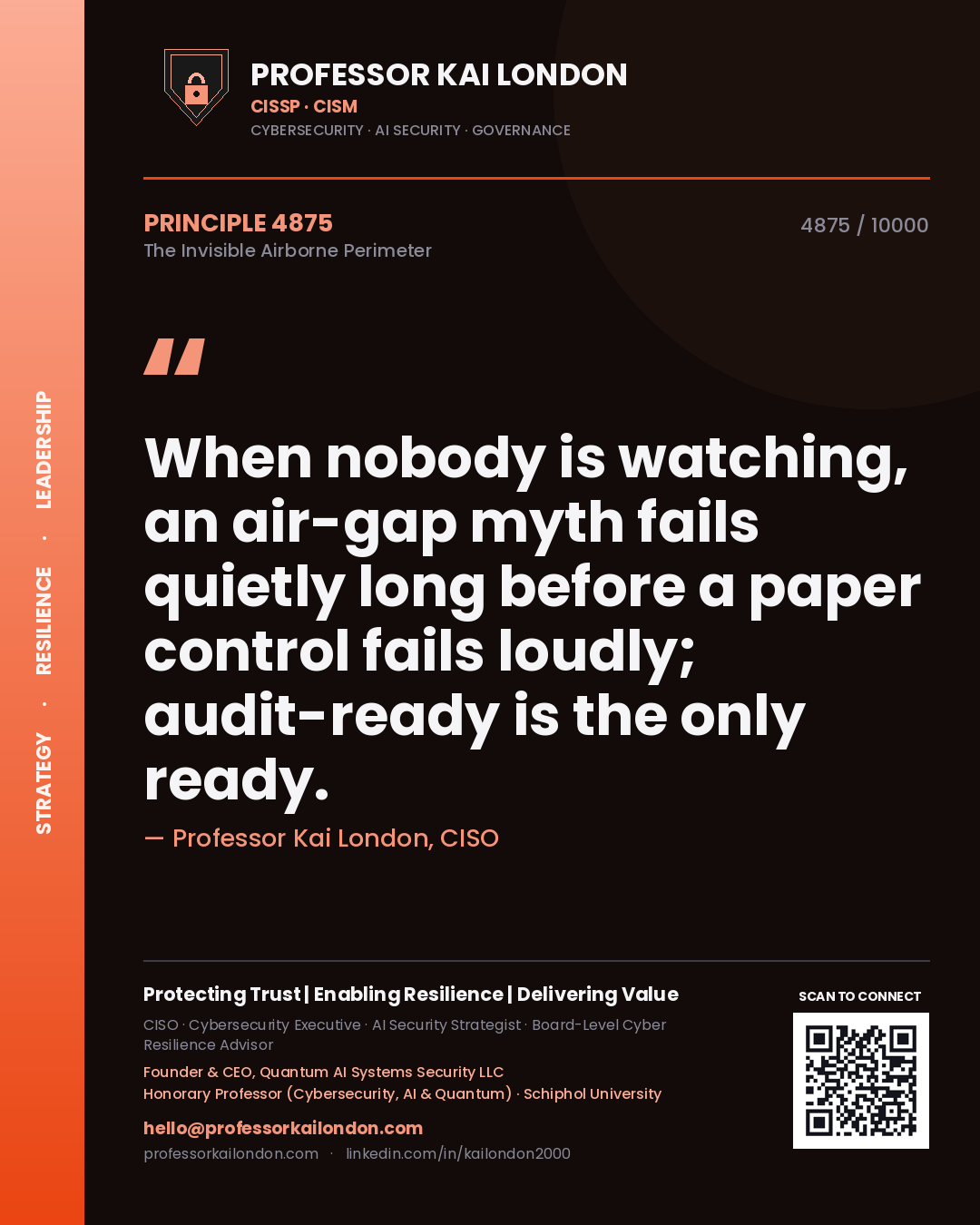 Quote card by Professor Kai London reading 'When nobody is watching, an air-gap myth fails quietly long before a paper control fails loudly; audit-ready is the only ready.'. From the book The Invisible Airborne Perimeter.