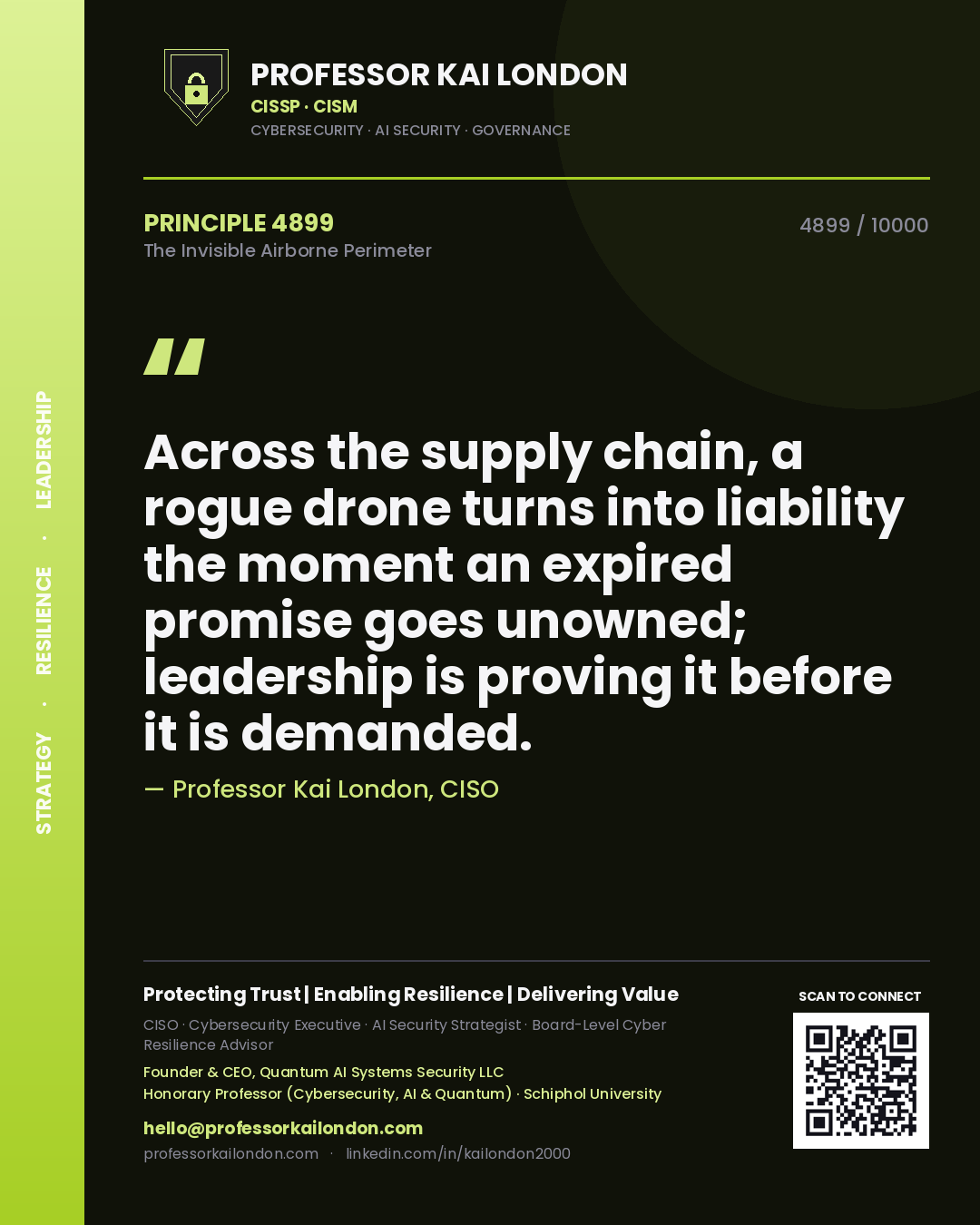Quote card by Professor Kai London reading 'Across the supply chain, a rogue drone turns into liability the moment an expired promise goes unowned; leadership is proving it before it is demanded.'. From the book The Invisible Airborne Perimeter.