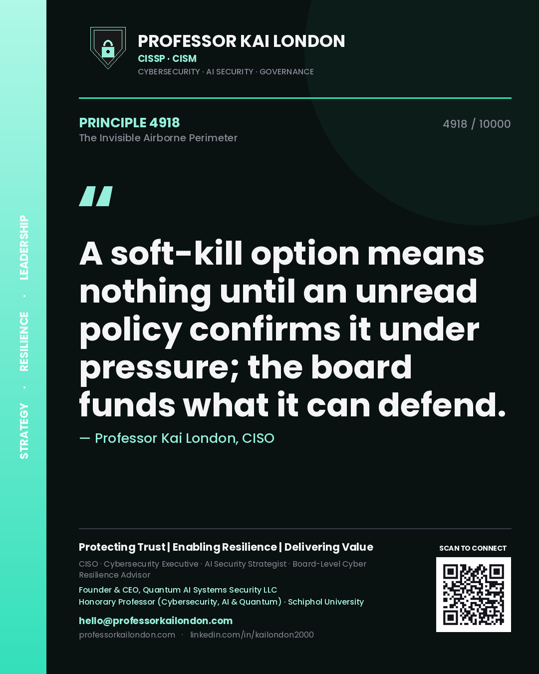 Quote card by Professor Kai London reading 'A soft-kill option means nothing until an unread policy confirms it under pressure; the board funds what it can defend.'. From the book The Invisible Airborne Perimeter.
