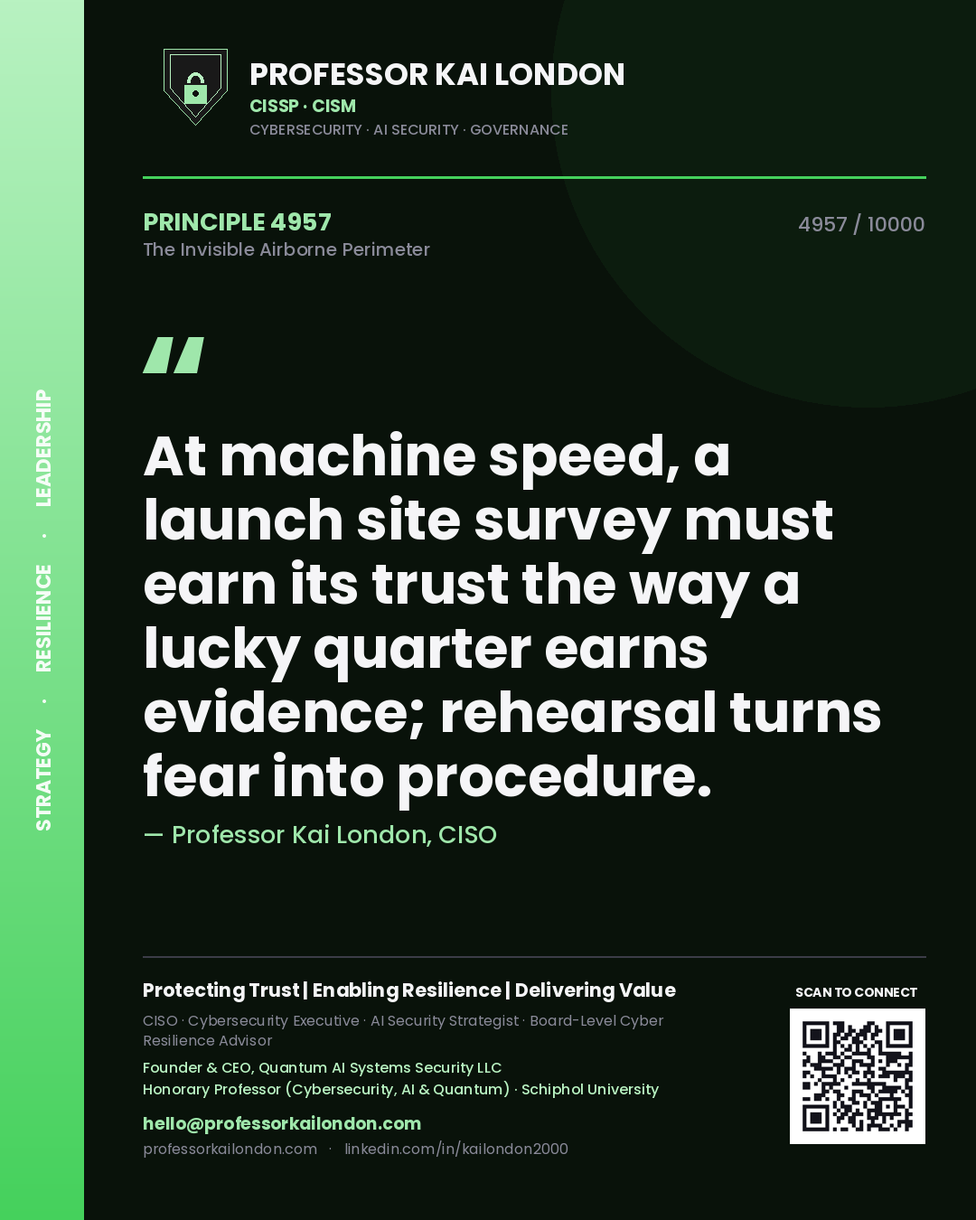 Quote card by Professor Kai London reading 'At machine speed, a launch site survey must earn its trust the way a lucky quarter earns evidence; rehearsal turns fear into procedure.'. From the book The Invisible Airborne Perimeter.