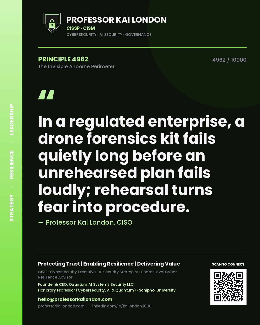 Quote card by Professor Kai London reading 'In a regulated enterprise, a drone forensics kit fails quietly long before an unrehearsed plan fails loudly; rehearsal turns fear into procedure.'. From the book The Invisible Airborne Perimeter.