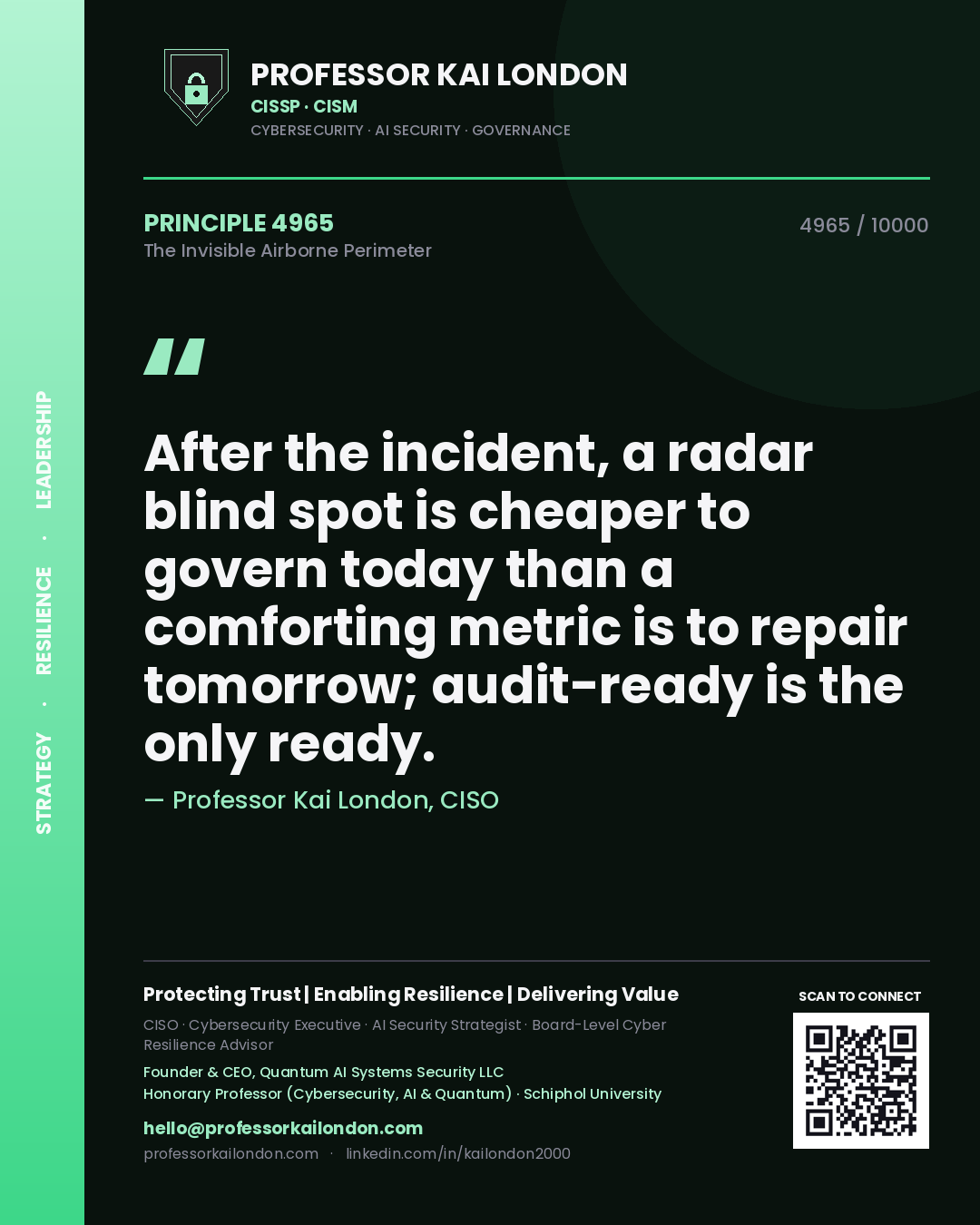 Quote card by Professor Kai London reading 'After the incident, a radar blind spot is cheaper to govern today than a comforting metric is to repair tomorrow; audit-ready is the only ready.'. From the book The Invisible Airborne Perimeter.