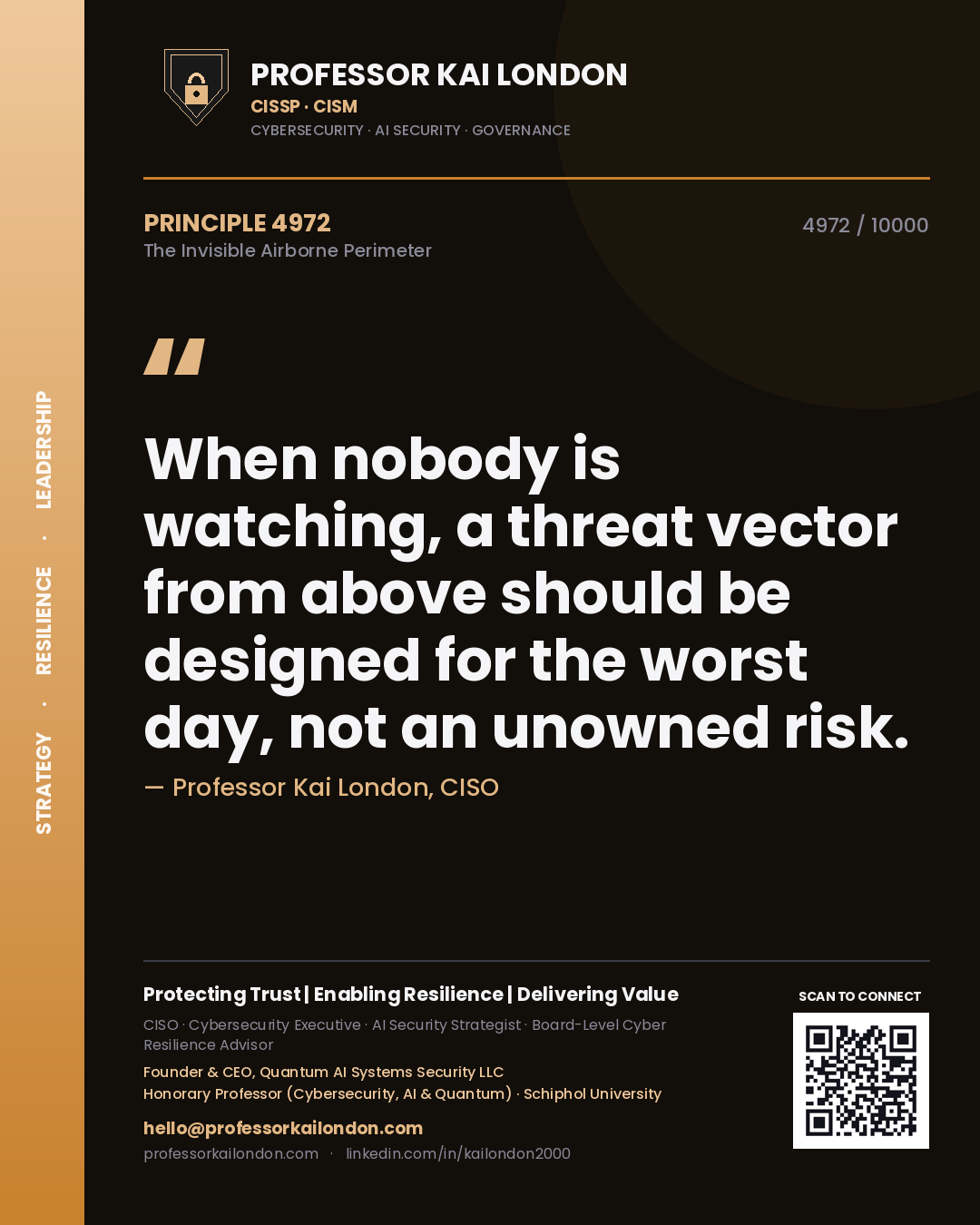 Quote card by Professor Kai London reading 'When nobody is watching, a threat vector from above should be designed for the worst day, not an unowned risk.'. From the book The Invisible Airborne Perimeter.