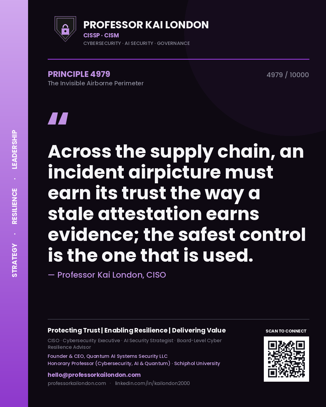 Quote card by Professor Kai London reading 'Across the supply chain, an incident airpicture must earn its trust the way a stale attestation earns evidence; the safest control is the one that is used.'. From the book The Invisible Airborne Perimeter.