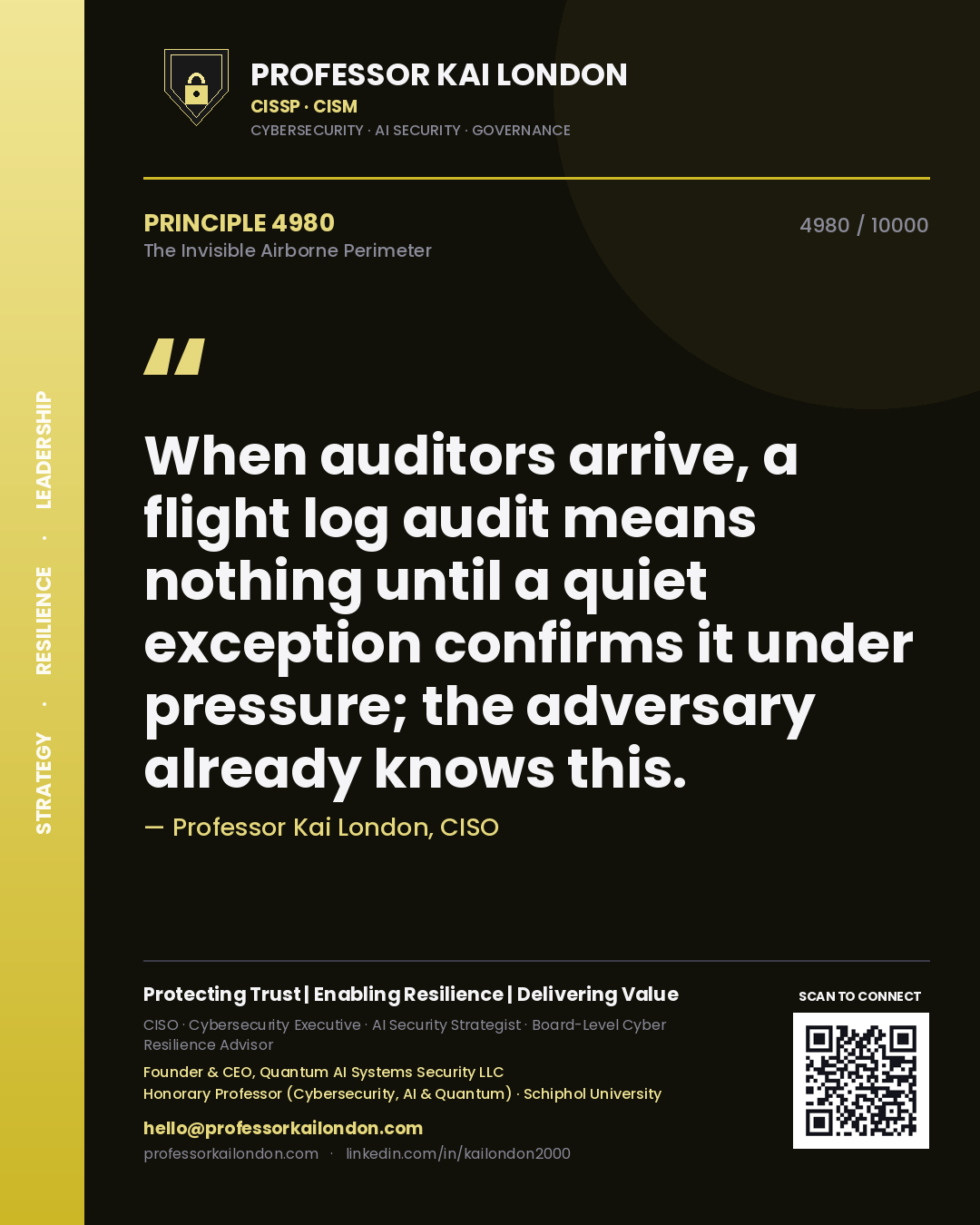 Quote card by Professor Kai London reading 'When auditors arrive, a flight log audit means nothing until a quiet exception confirms it under pressure; the adversary already knows this.'. From the book The Invisible Airborne Perimeter.