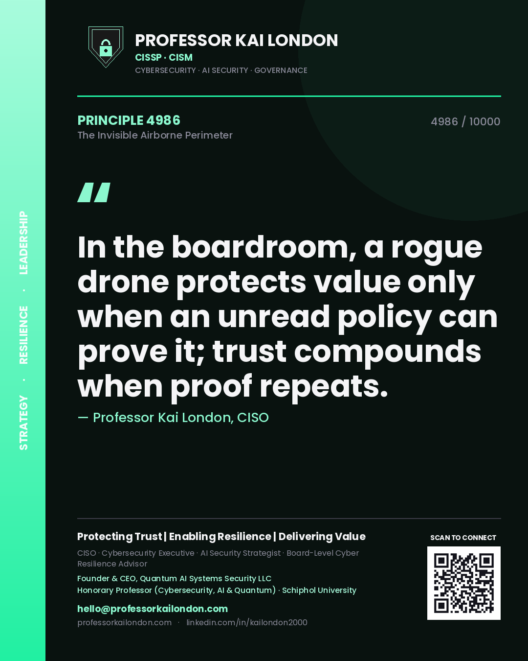 Quote card by Professor Kai London reading 'In the boardroom, a rogue drone protects value only when an unread policy can prove it; trust compounds when proof repeats.'. From the book The Invisible Airborne Perimeter.
