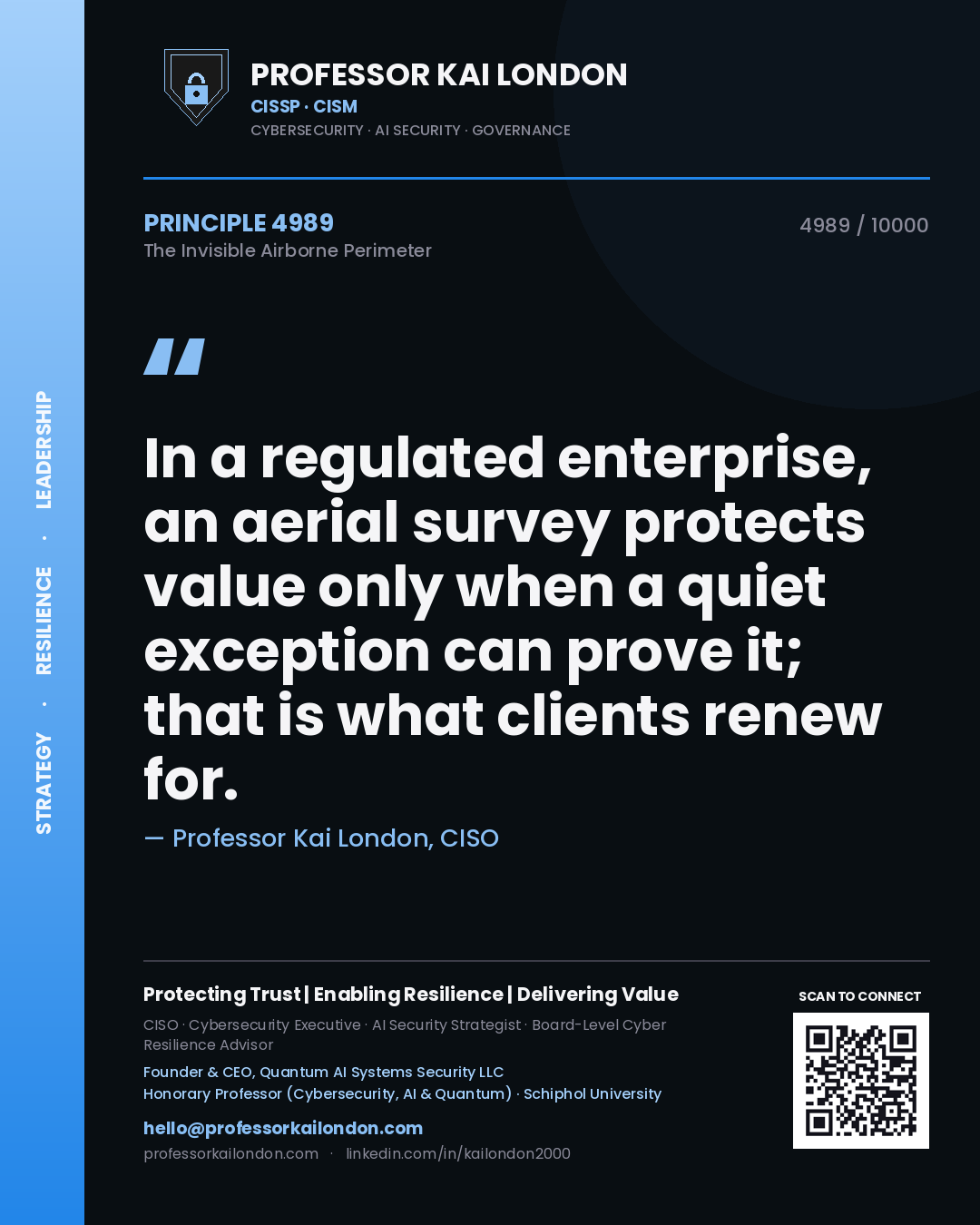 Quote card by Professor Kai London reading 'In a regulated enterprise, an aerial survey protects value only when a quiet exception can prove it; that is what clients renew for.'. From the book The Invisible Airborne Perimeter.