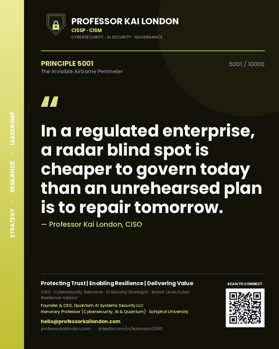 Quote card by Professor Kai London reading 'In a regulated enterprise, a radar blind spot is cheaper to govern today than an unrehearsed plan is to repair tomorrow.'. From the book The Invisible Airborne Perimeter.