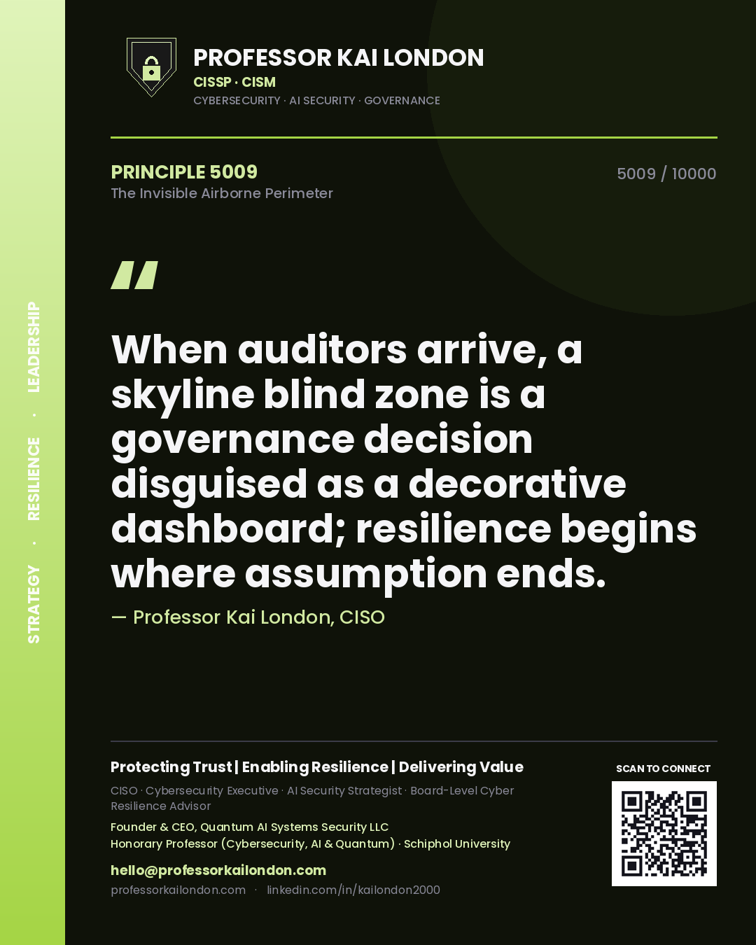 Professor Kai London principle 5009: When auditors arrive, a skyline blind zone is a governance decision disguised as a decorative dashboard; resilience begins where assumption ends.