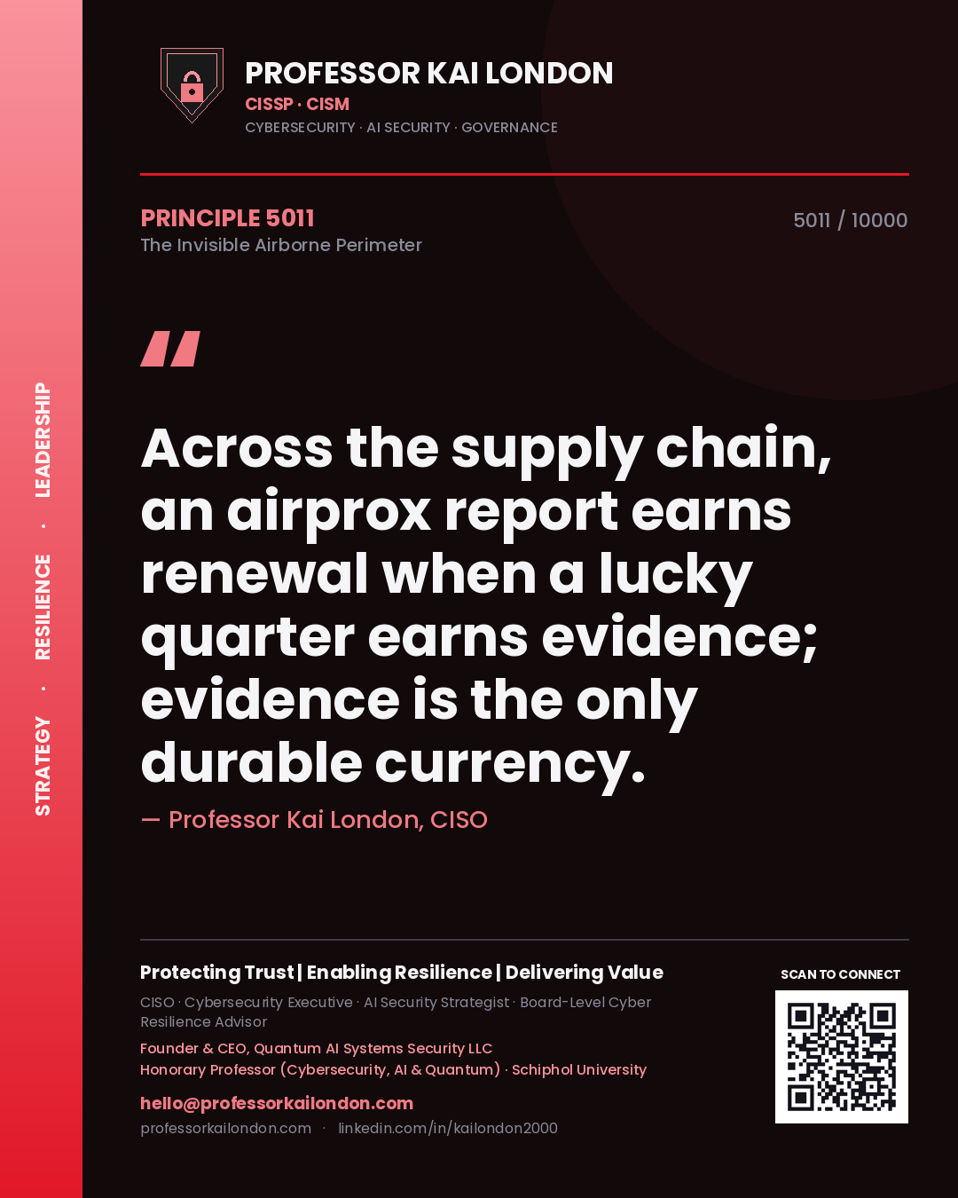 Quote card by Professor Kai London reading 'Across the supply chain, an airprox report earns renewal when a lucky quarter earns evidence; evidence is the only durable currency.'. From the book The Invisible Airborne Perimeter.
