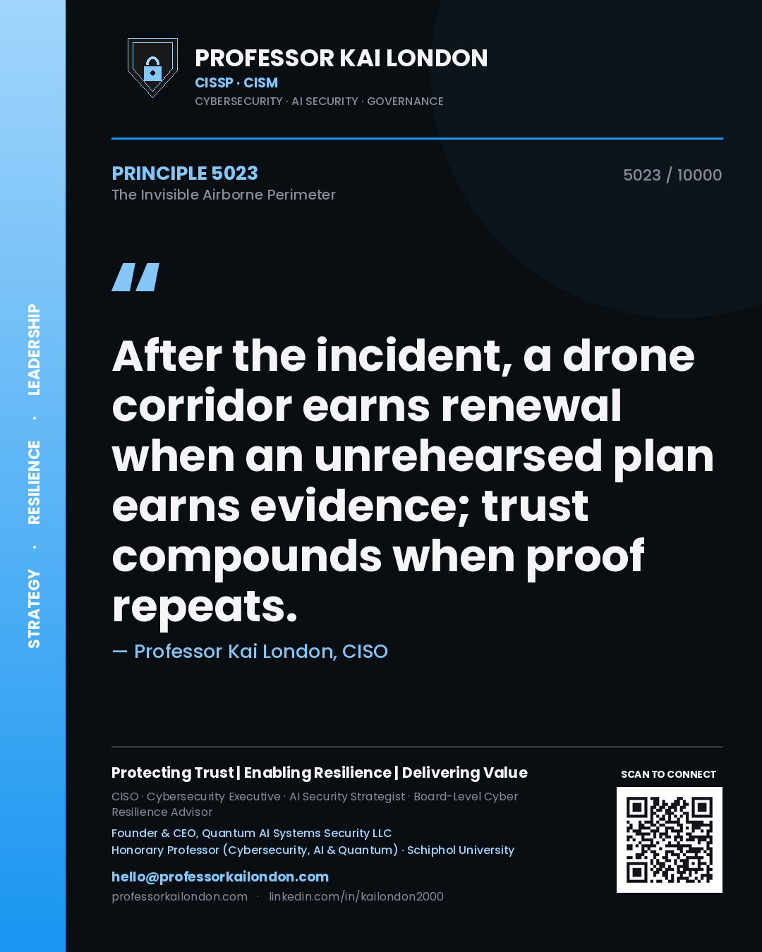 Professor Kai London principle 5023: After the incident, a drone corridor earns renewal when an unrehearsed plan earns evidence; trust compounds when proof repeats.