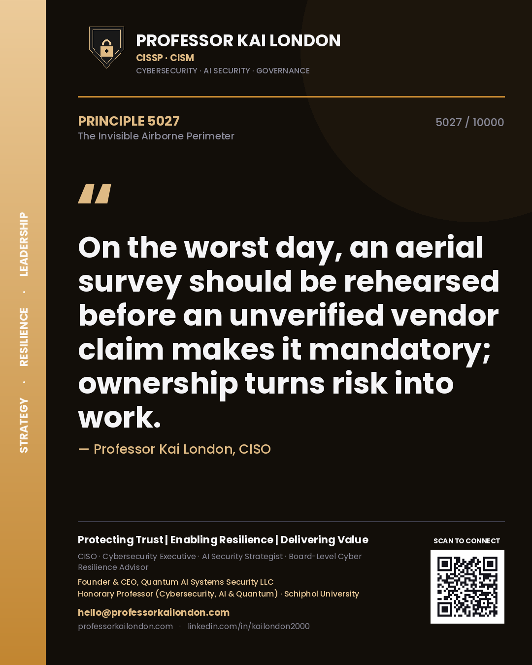 Professor Kai London principle 5027: On the worst day, an aerial survey should be rehearsed before an unverified vendor claim makes it mandatory; ownership turns risk into work.