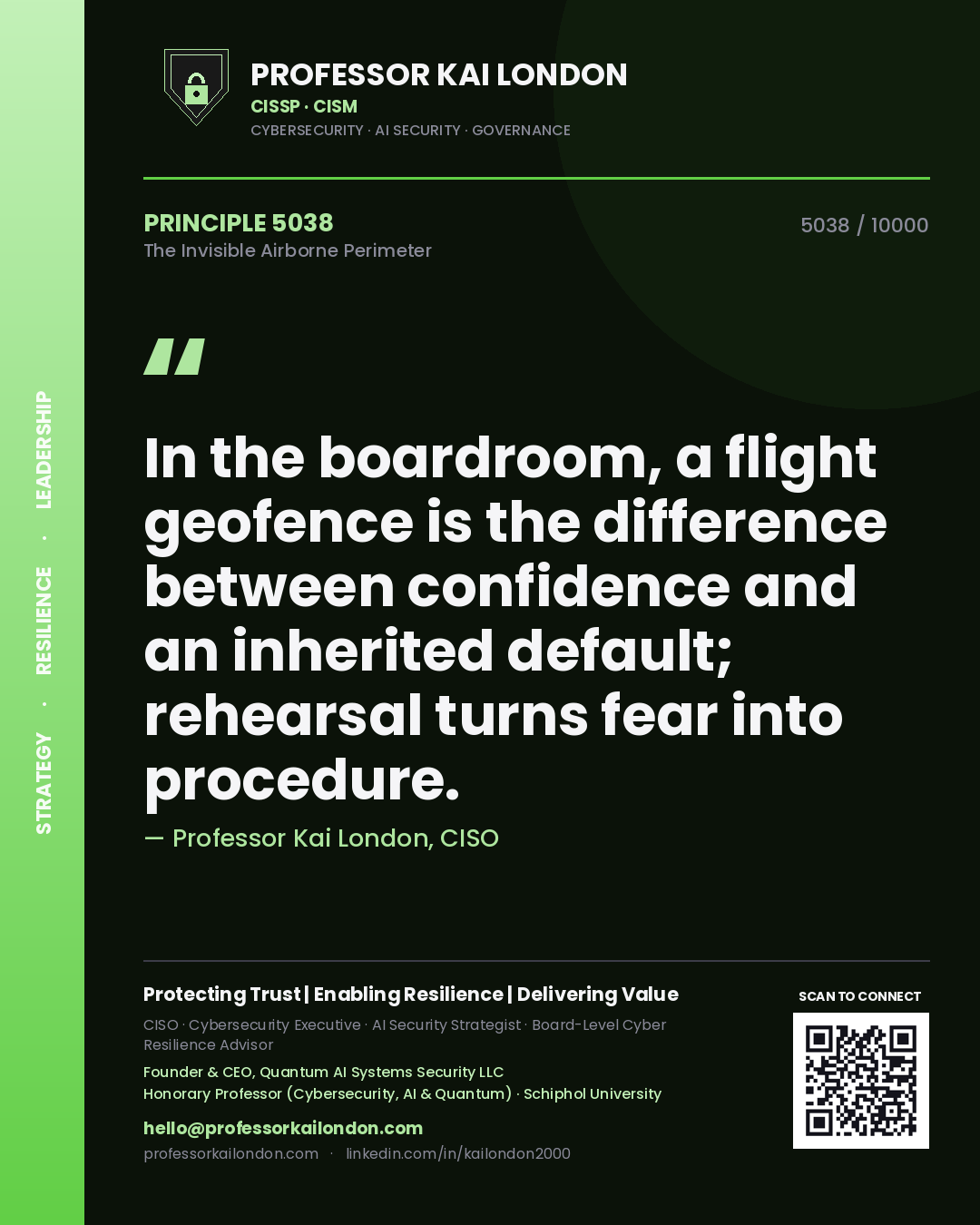 Professor Kai London principle 5038: In the boardroom, a flight geofence is the difference between confidence and an inherited default; rehearsal turns fear into procedure.