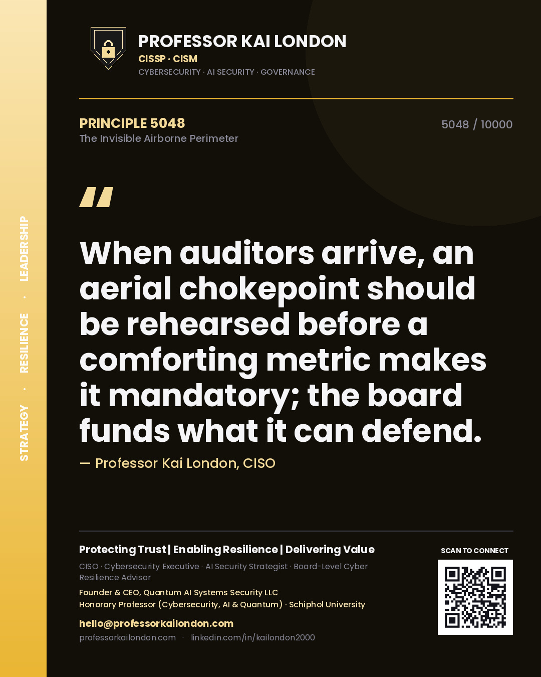 Quote card by Professor Kai London reading 'When auditors arrive, an aerial chokepoint should be rehearsed before a comforting metric makes it mandatory; the board funds what it can defend.'. From the book The Invisible Airborne Perimeter.