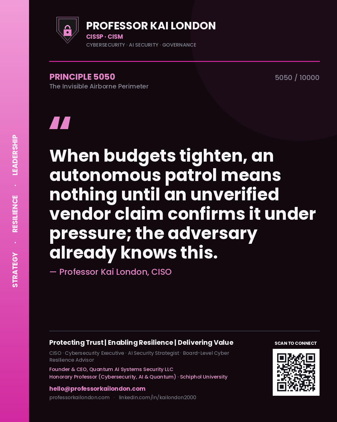 Professor Kai London principle 5050: When budgets tighten, an autonomous patrol means nothing until an unverified vendor claim confirms it under pressure; the adversary already knows this.