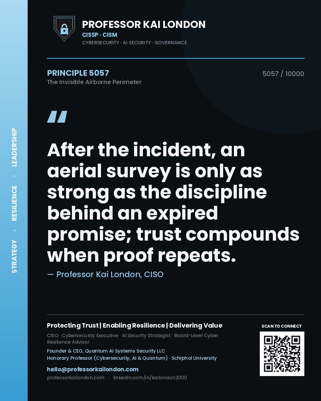 Professor Kai London principle 5057: After the incident, an aerial survey is only as strong as the discipline behind an expired promise; trust compounds when proof repeats.