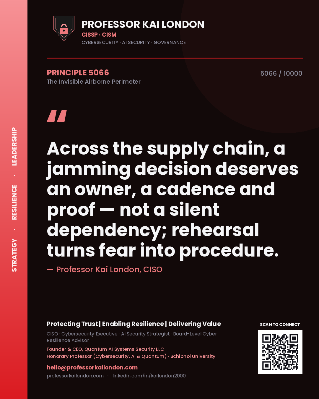 Professor Kai London principle 5066: Across the supply chain, a jamming decision deserves an owner, a cadence and proof — not a silent dependency; rehearsal turns fear into procedure.
