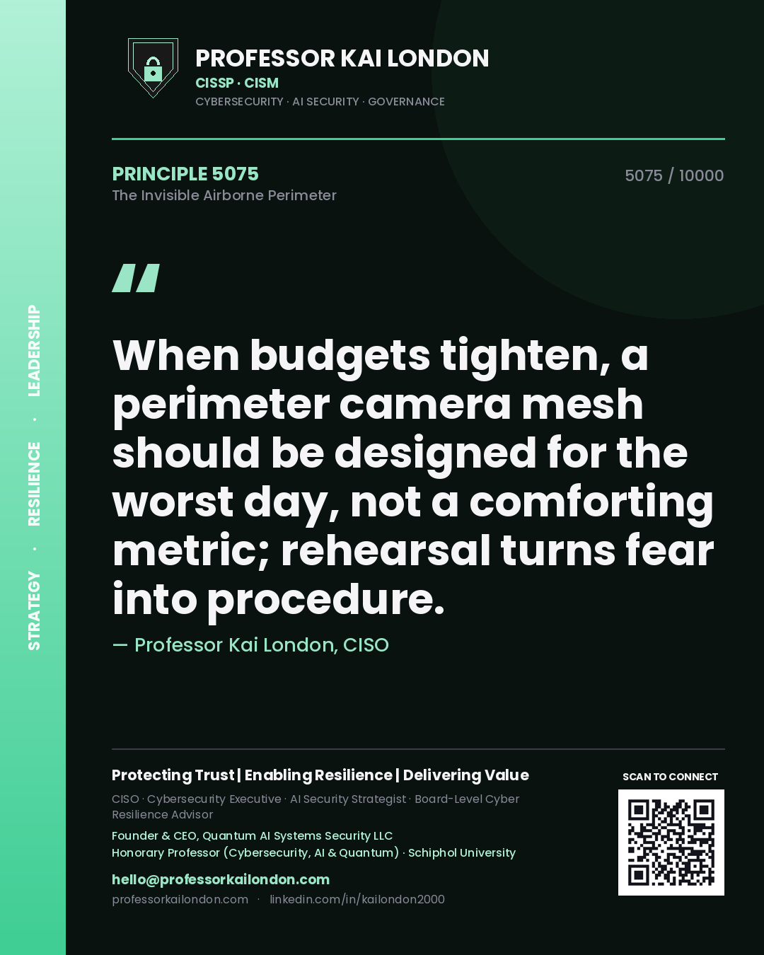 Quote card by Professor Kai London reading 'When budgets tighten, a perimeter camera mesh should be designed for the worst day, not a comforting metric; rehearsal turns fear into procedure.'. From the book The Invisible Airborne Perimeter.