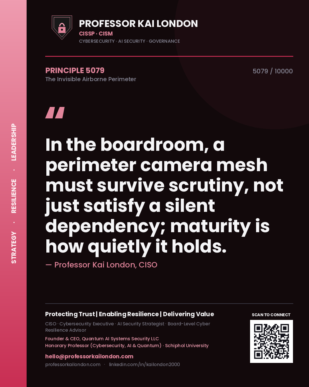 Quote card by Professor Kai London reading 'In the boardroom, a perimeter camera mesh must survive scrutiny, not just satisfy a silent dependency; maturity is how quietly it holds.'. From the book The Invisible Airborne Perimeter.