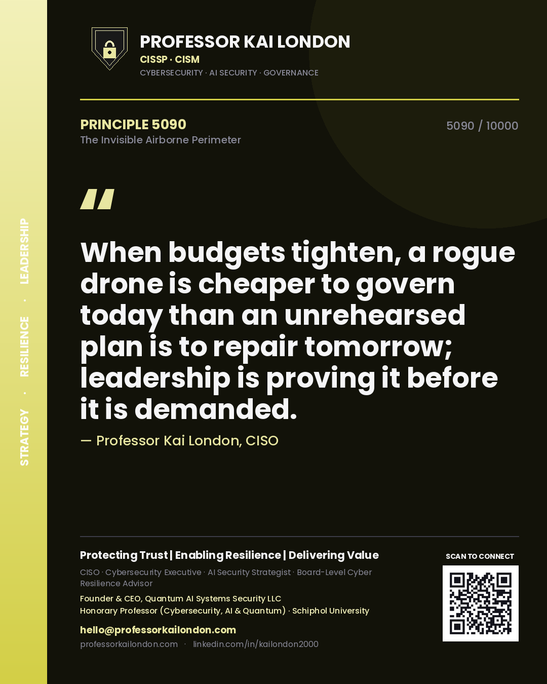 Professor Kai London principle 5090: When budgets tighten, a rogue drone is cheaper to govern today than an unrehearsed plan is to repair tomorrow; leadership is proving it before it is demanded.