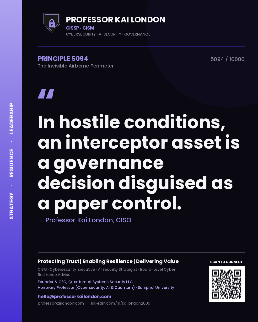 Quote card by Professor Kai London reading 'In hostile conditions, an interceptor asset is a governance decision disguised as a paper control.'. From the book The Invisible Airborne Perimeter.