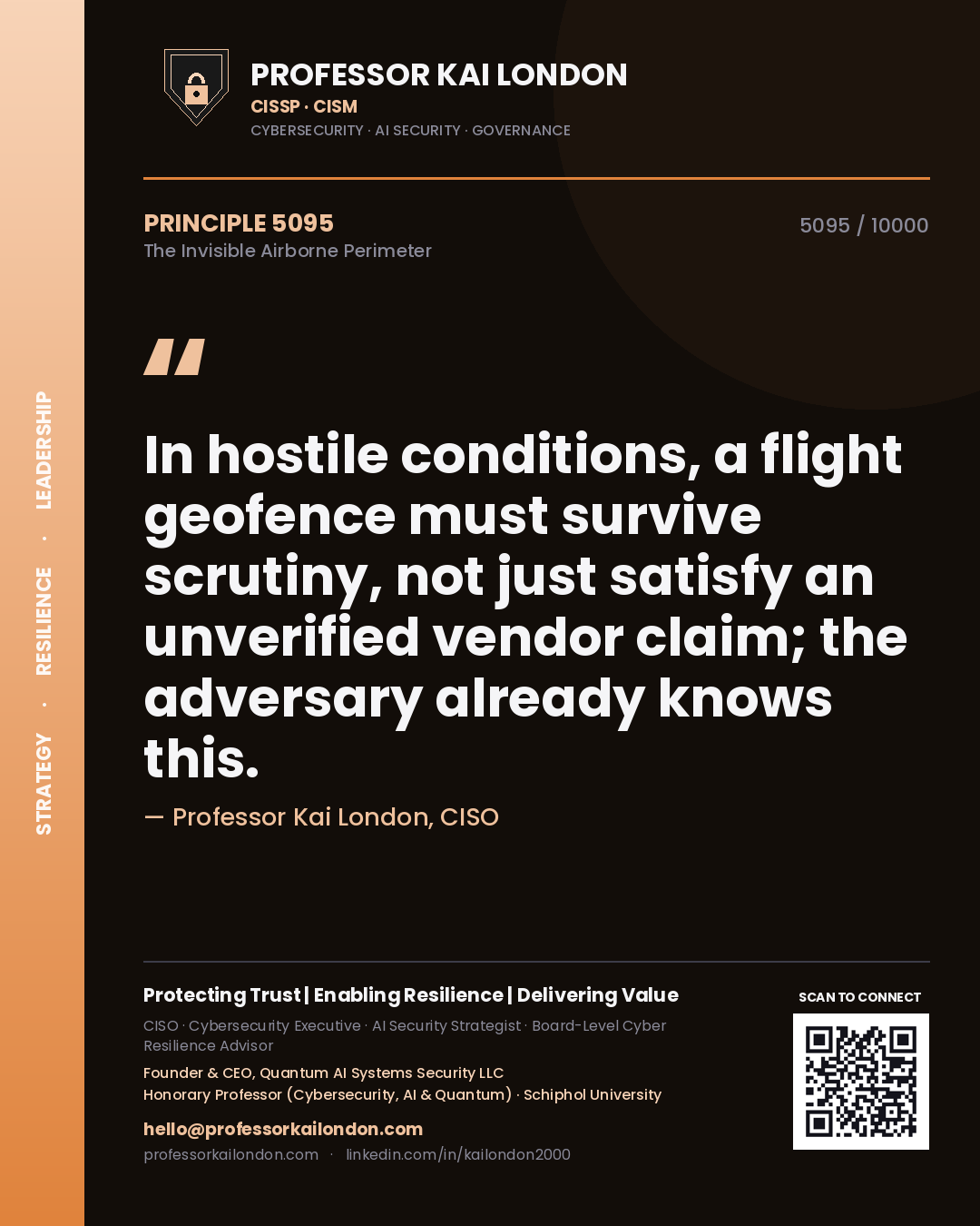 Quote card by Professor Kai London reading 'In hostile conditions, a flight geofence must survive scrutiny, not just satisfy an unverified vendor claim; the adversary already knows this.'. From the book The Invisible Airborne Perimeter.