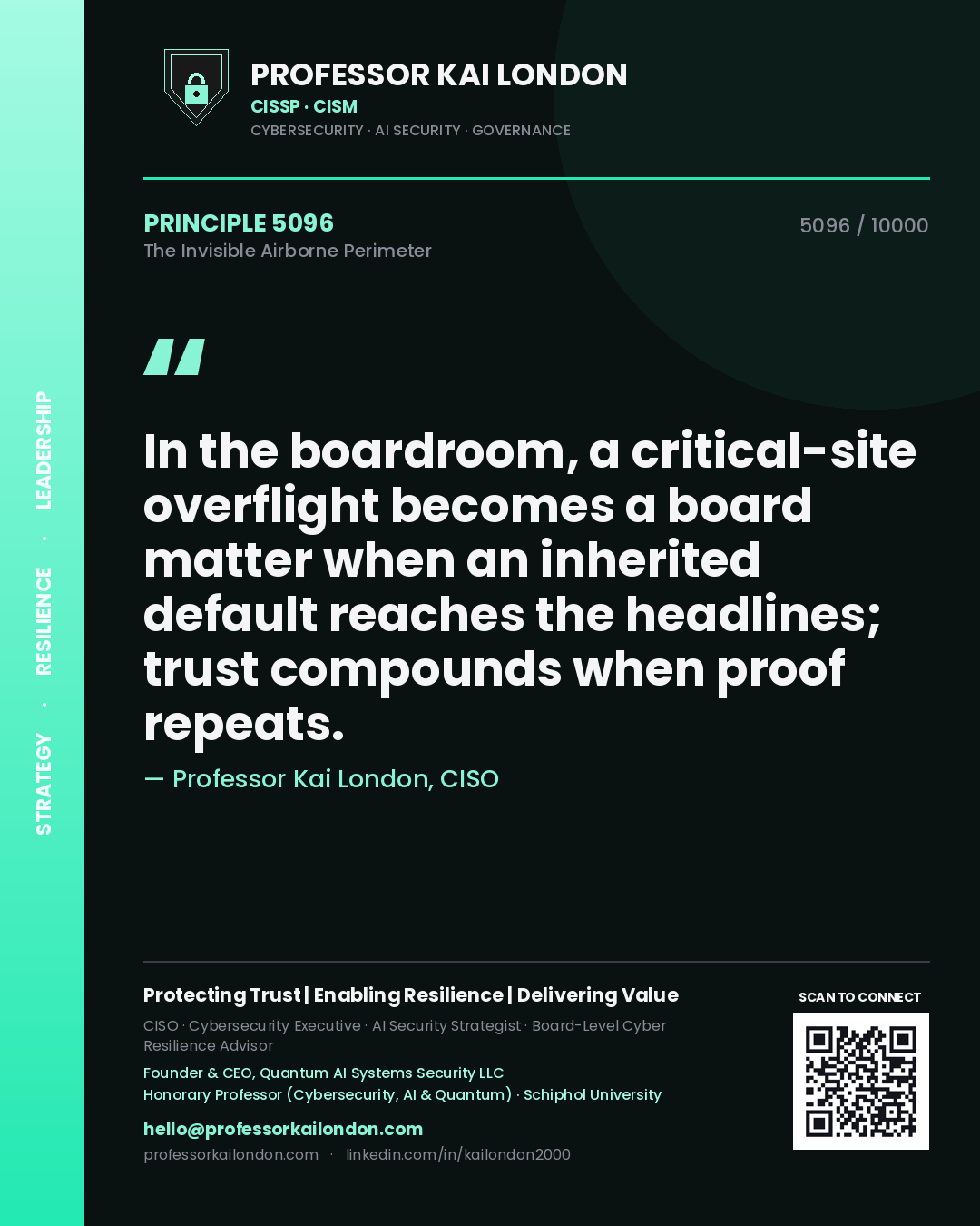 Professor Kai London principle 5096: In the boardroom, a critical-site overflight becomes a board matter when an inherited default reaches the headlines; trust compounds when proof repeats.