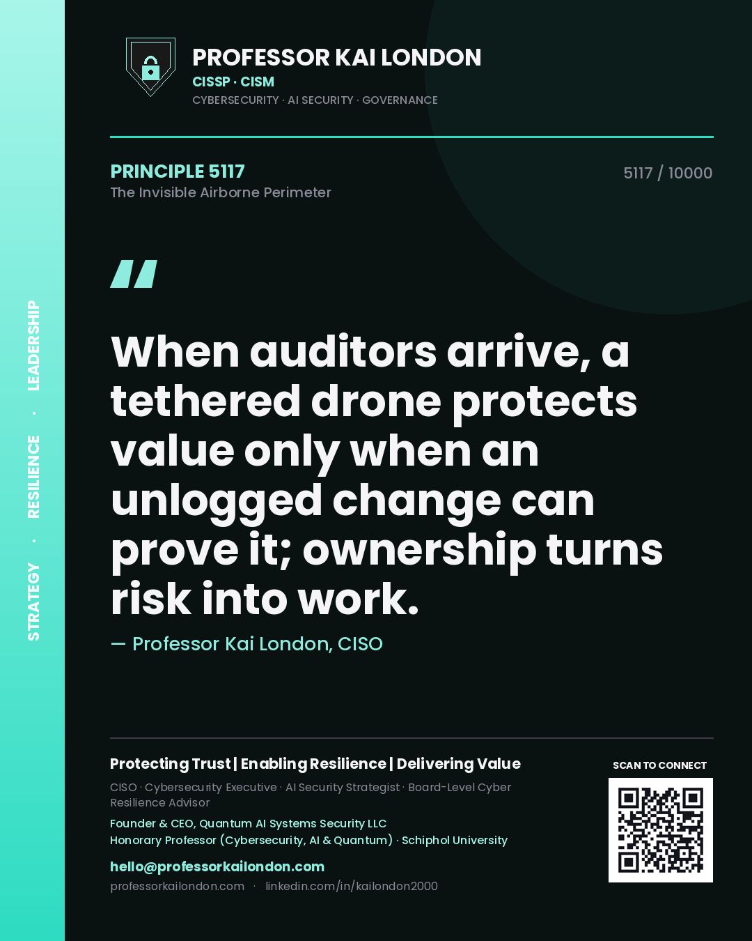 Professor Kai London principle 5117: When auditors arrive, a tethered drone protects value only when an unlogged change can prove it; ownership turns risk into work.