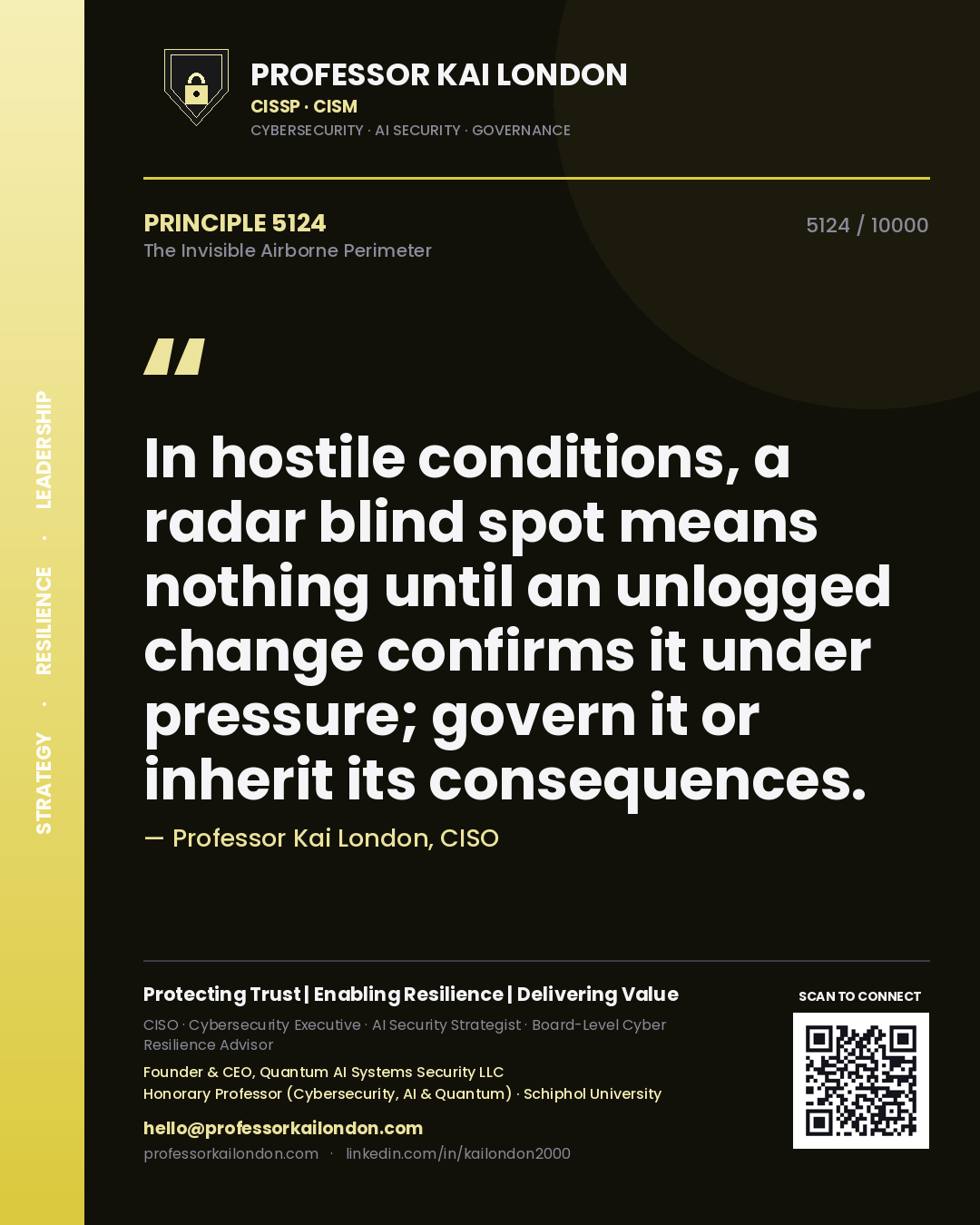 Professor Kai London principle 5124: In hostile conditions, a radar blind spot means nothing until an unlogged change confirms it under pressure; govern it or inherit its consequences.