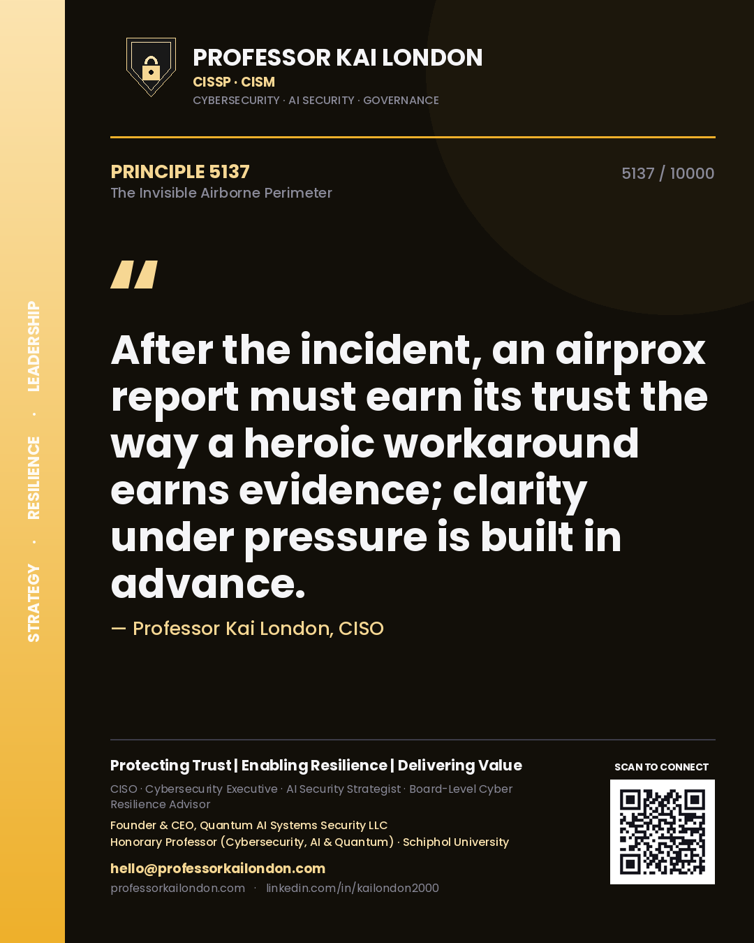 Professor Kai London principle 5137: After the incident, an airprox report must earn its trust the way a heroic workaround earns evidence; clarity under pressure is built in advance.